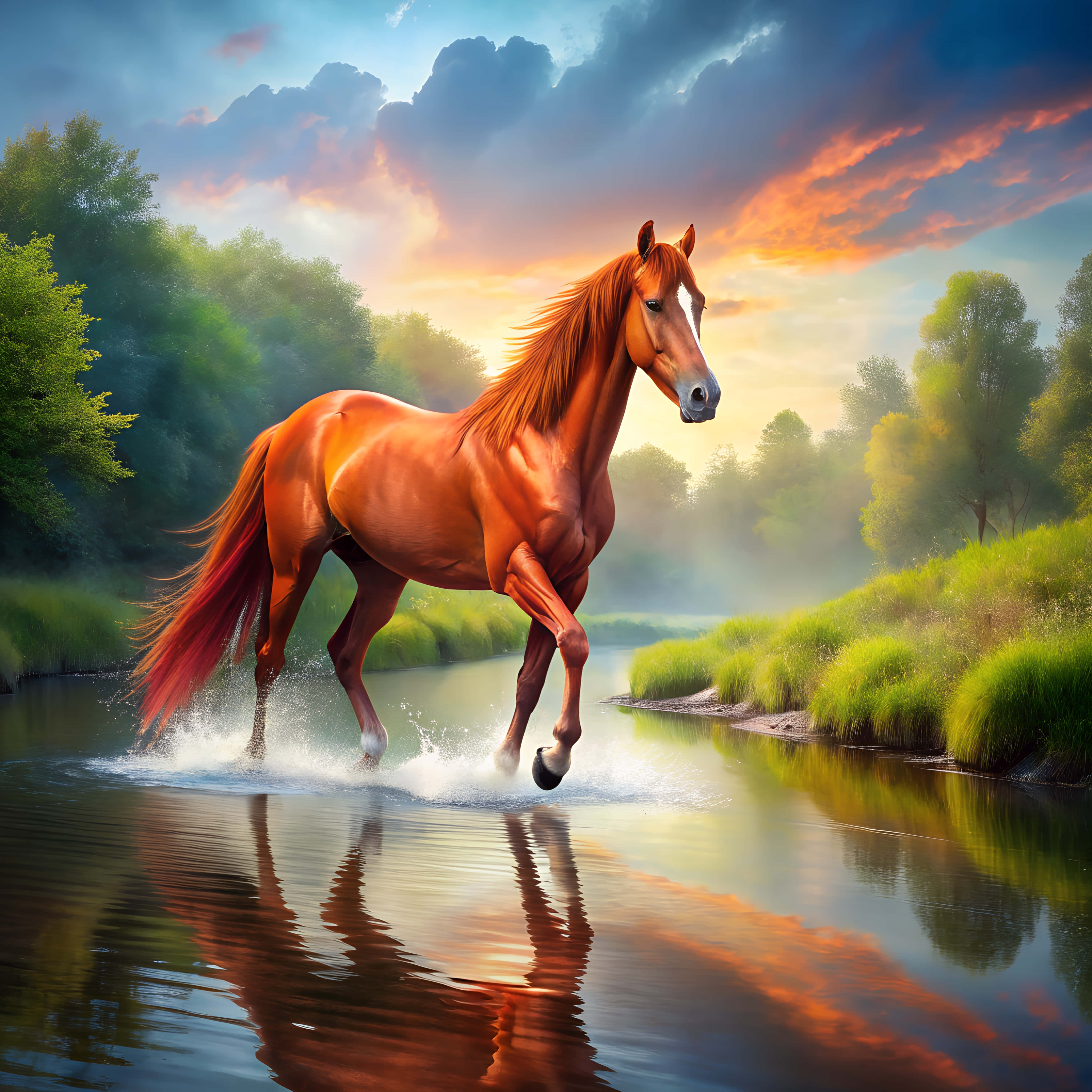 chestnut horse, shallow river, sunset, 4K Desktop Wallpaper