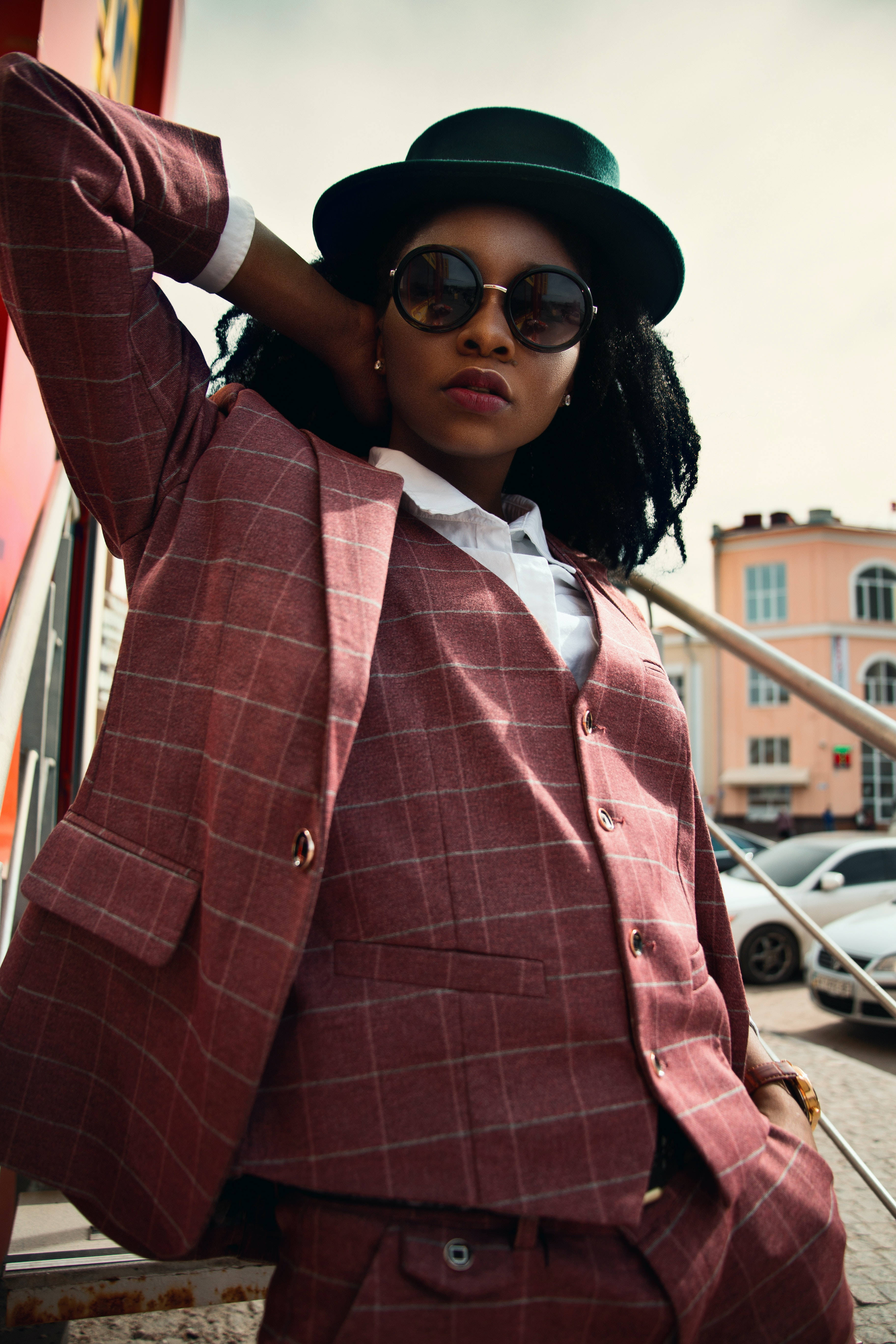 red plaid suit, green hat, city street, 5K Phone Wallpaper
