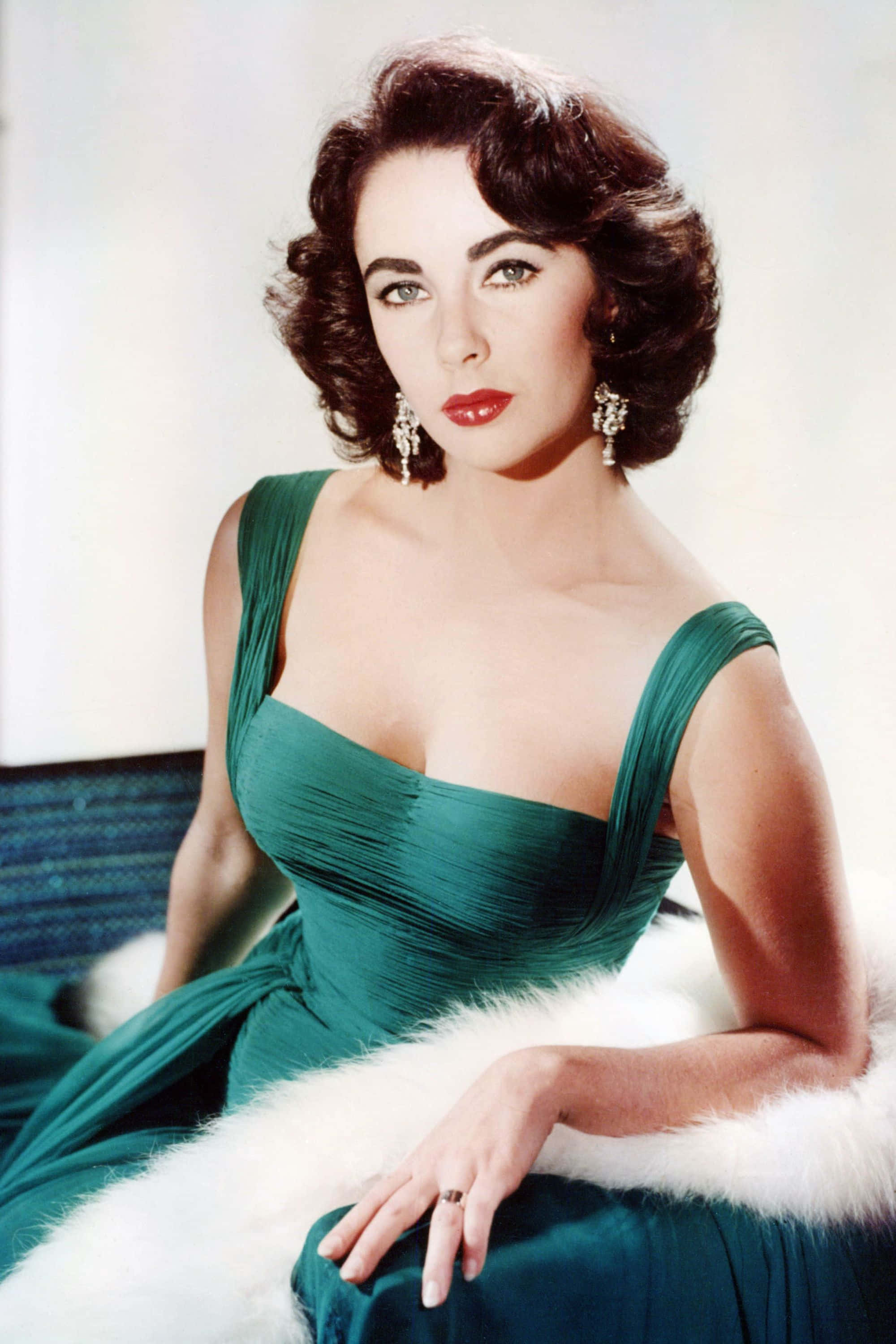 teal gown, white fur, soft studio lighting, 2K Phone Wallpaper