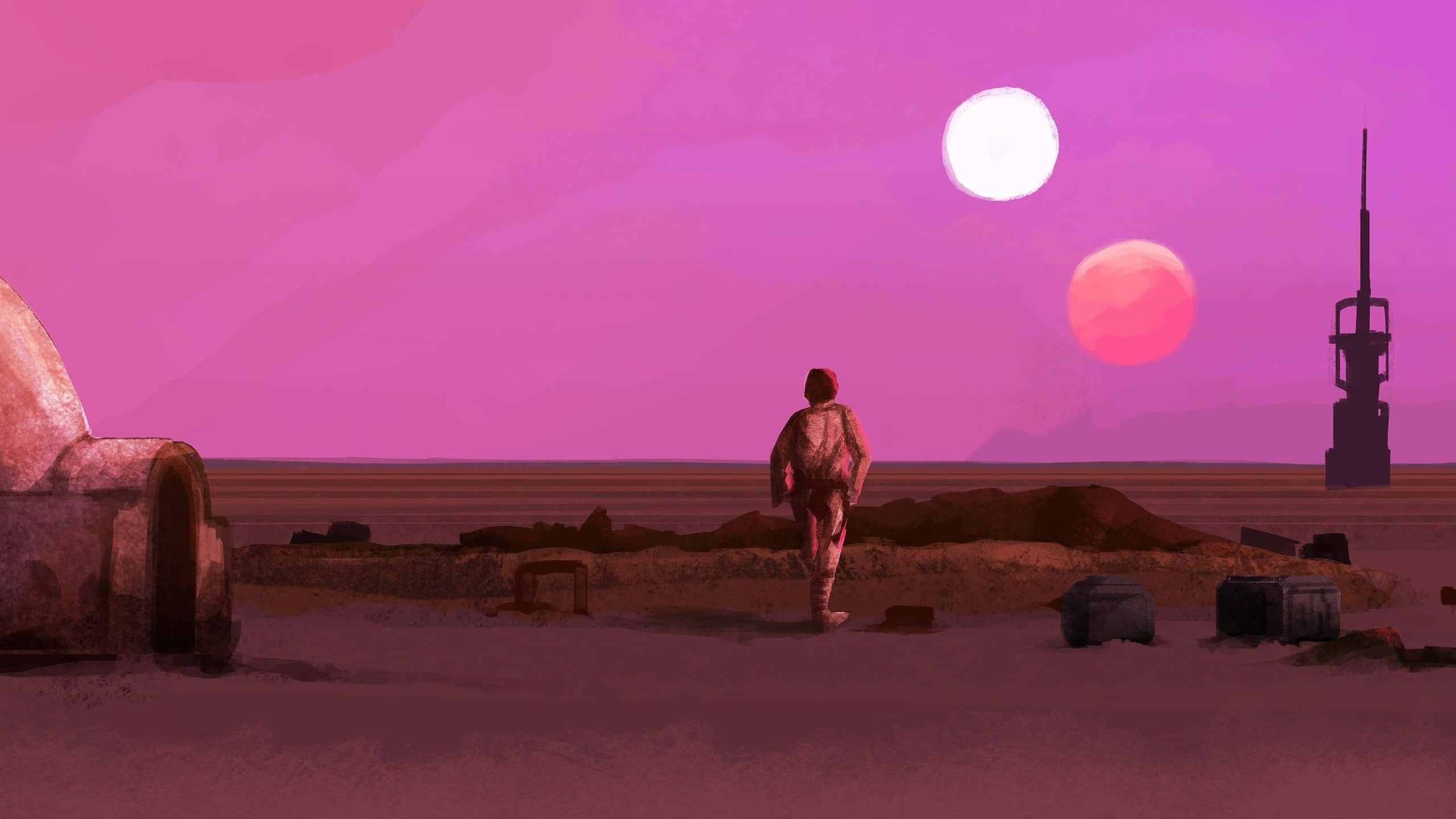 70s Aesthetic Desktop, pink desert, two glowing suns, 2K Desktop Wallpaper