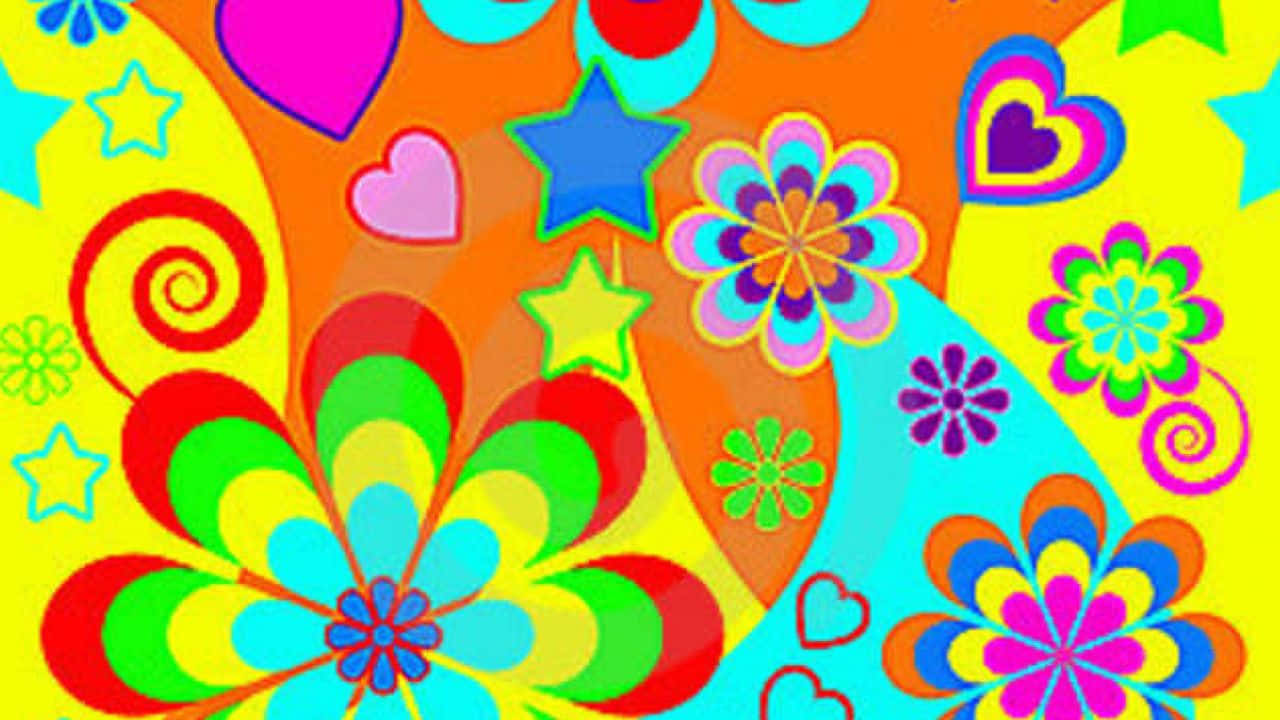 70s Aesthetic Desktop, colorful flower pattern, stars, HD Desktop Wallpaper