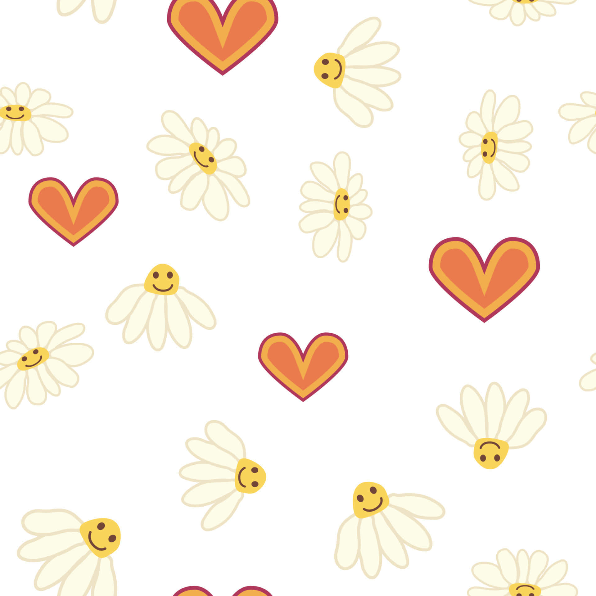70s Floral, daisies, orange hearts, Full HD Desktop Wallpaper