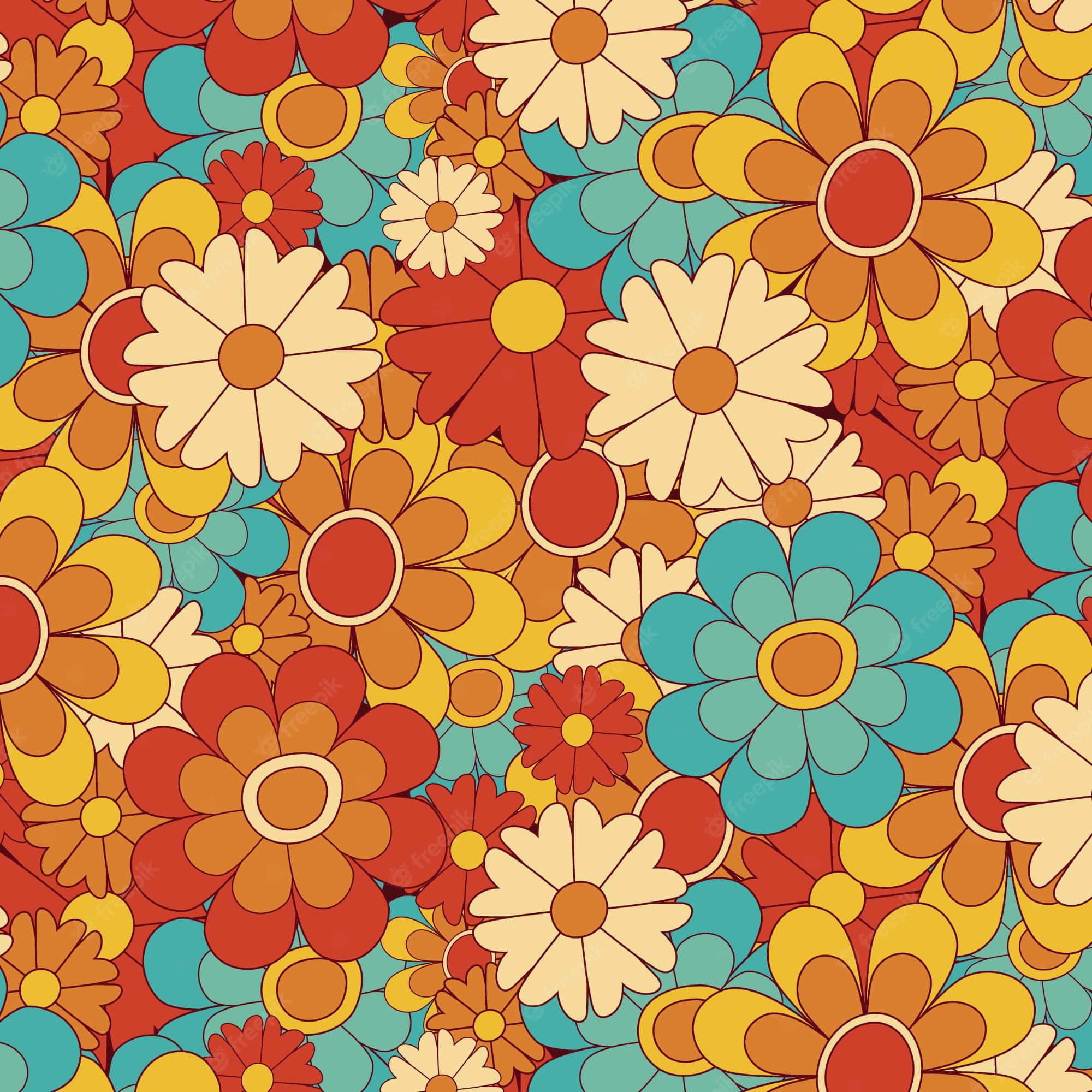 70s Floral, retro floral pattern, bold orange red blue and yellow, Full HD Desktop Wallpaper