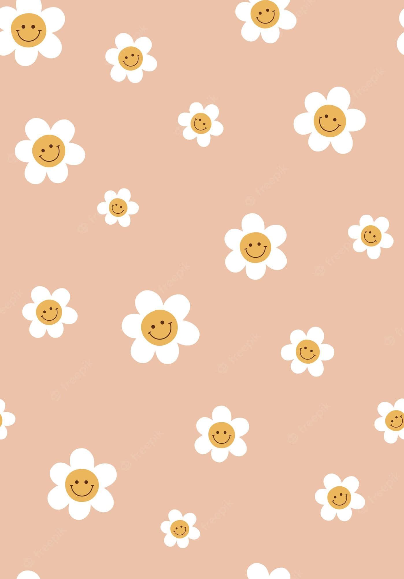 70s Floral, white daisies, smiling yellow faces, Full HD Phone Wallpaper