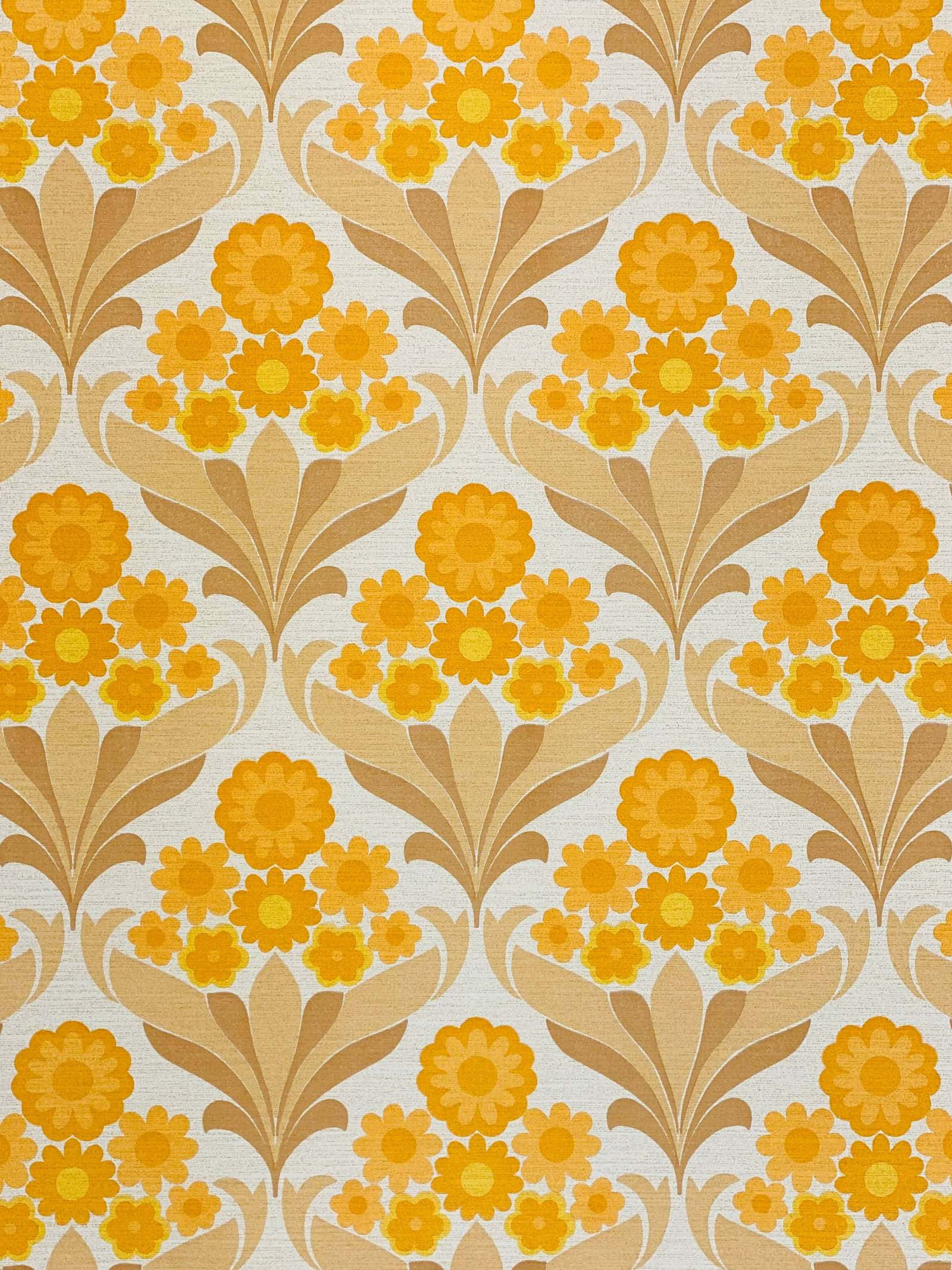 70s Floral, orange flowers, brown leafy stems, Full HD Phone Wallpaper