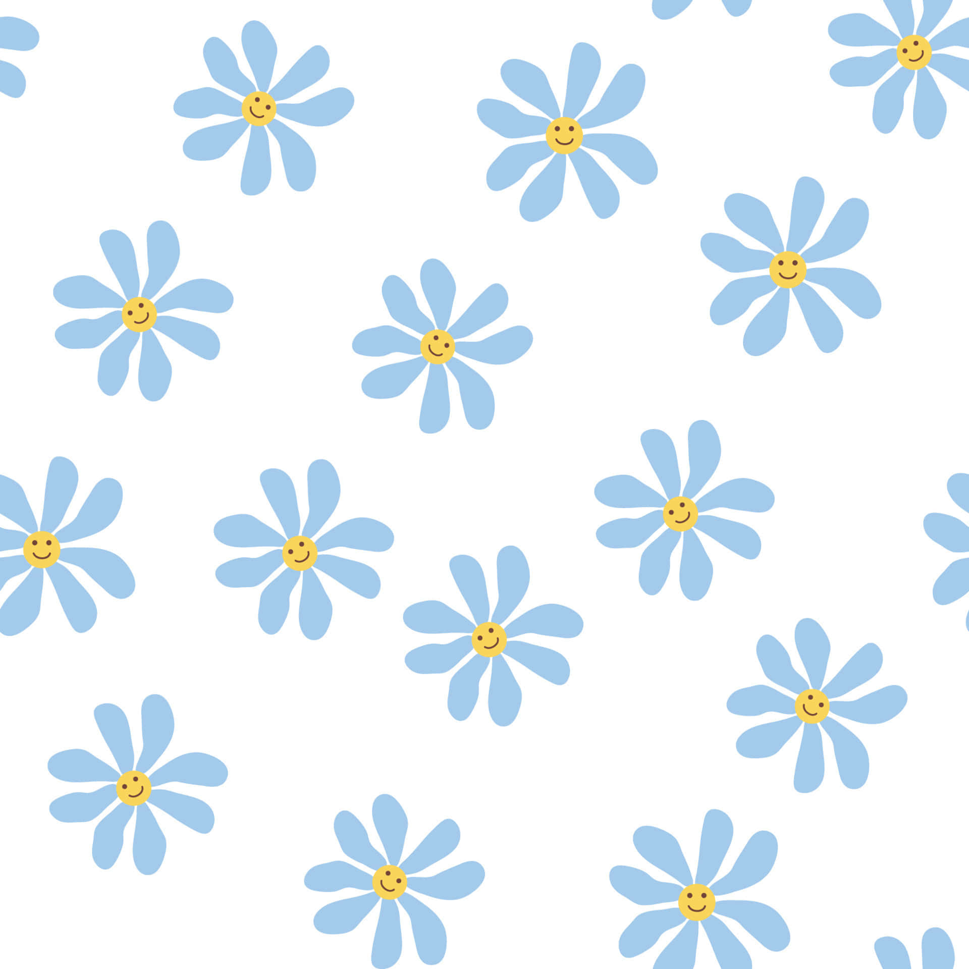 70s floral, blue daisies, yellow smiling faces, Full HD Desktop Wallpaper