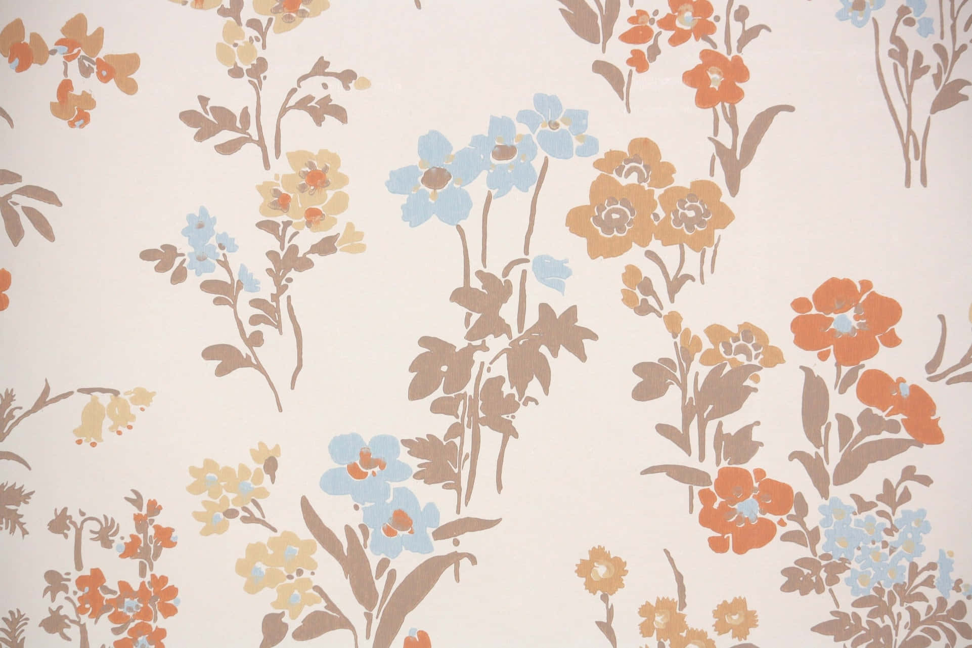 70s floral, vintage floral wallpaper, blue orange and beige blooms, Full HD Desktop Wallpaper