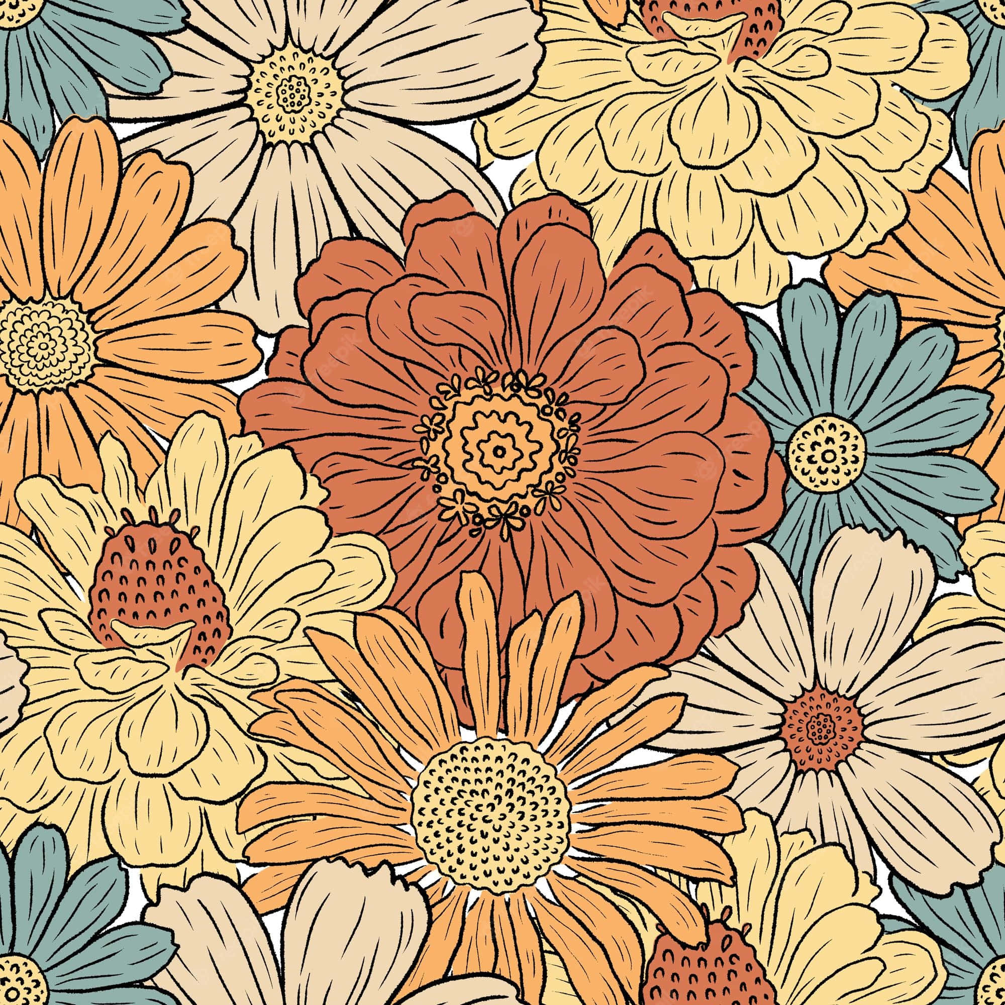 70s floral, vibrant hand-drawn flowers, warm autumn tones, Full HD Desktop Wallpaper