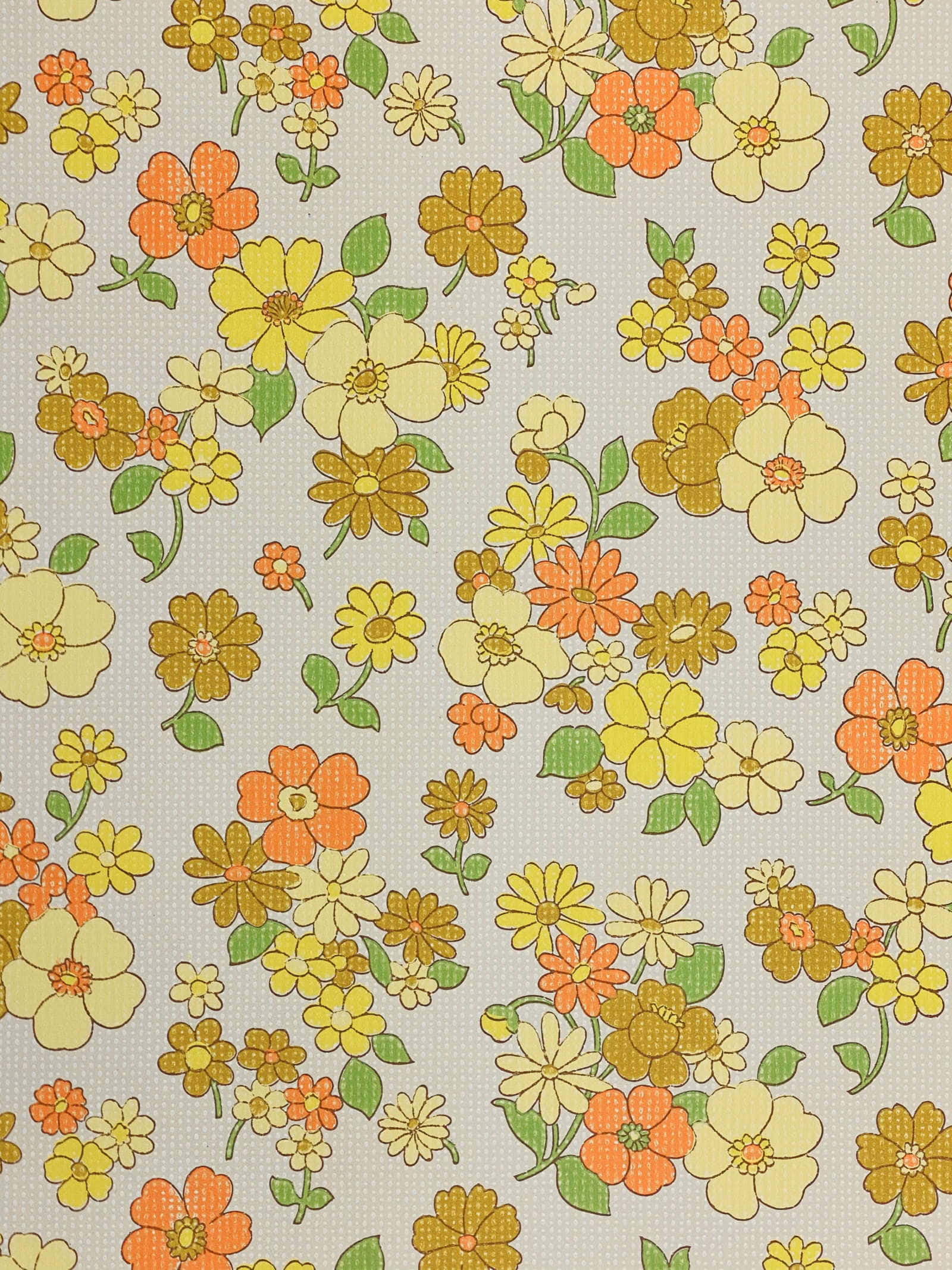70s floral, vintage 70s floral fabric design, yellow orange, Full HD Phone Wallpaper