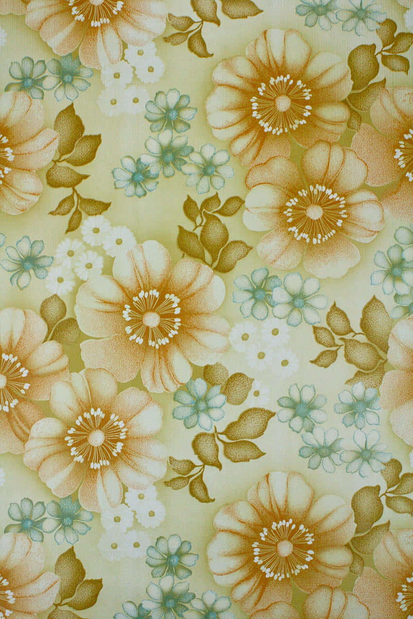 70s floral, peach blossoms, teal flowers, SD Phone Wallpaper