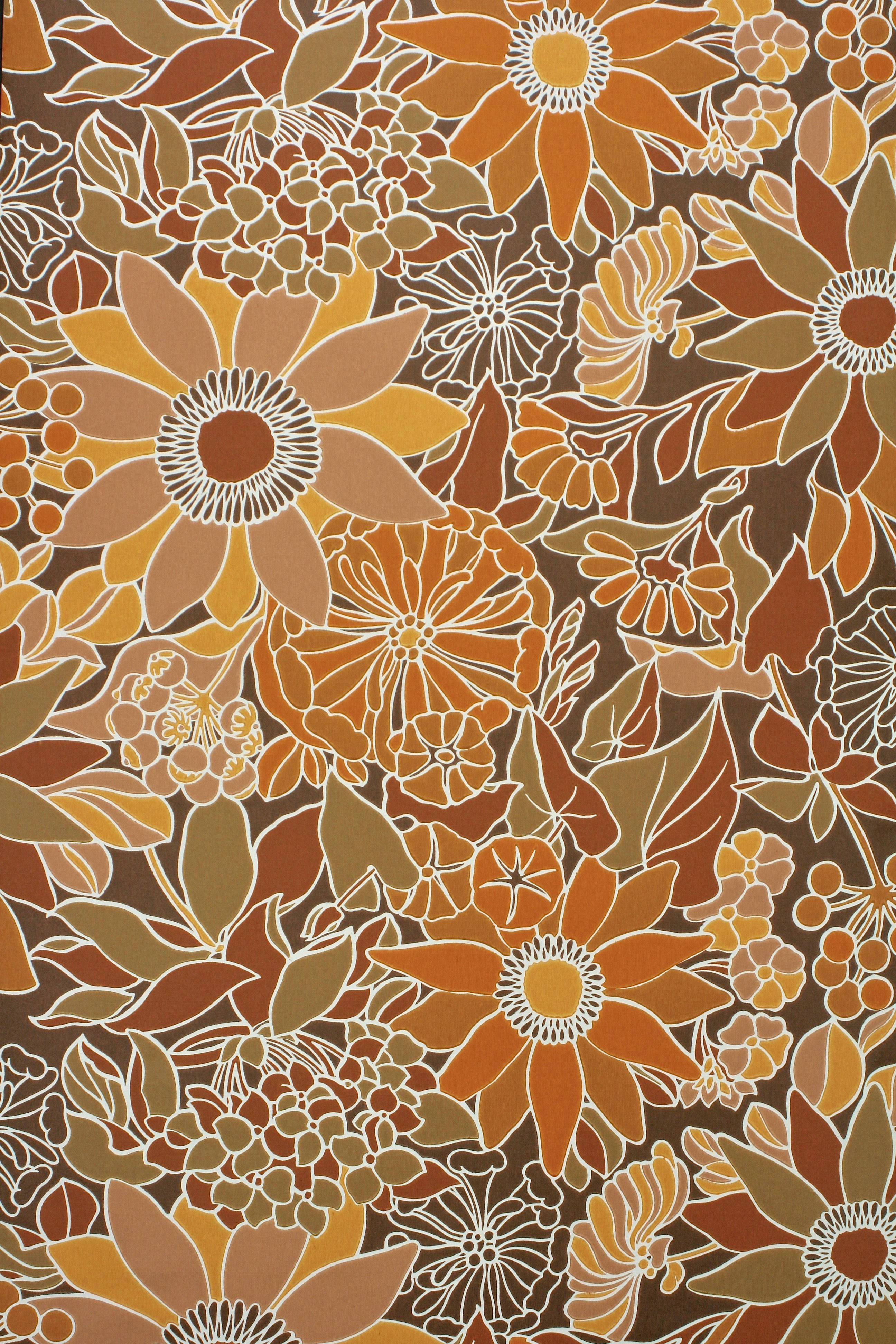 70s, floral pattern, orange, 4K Phone Wallpaper