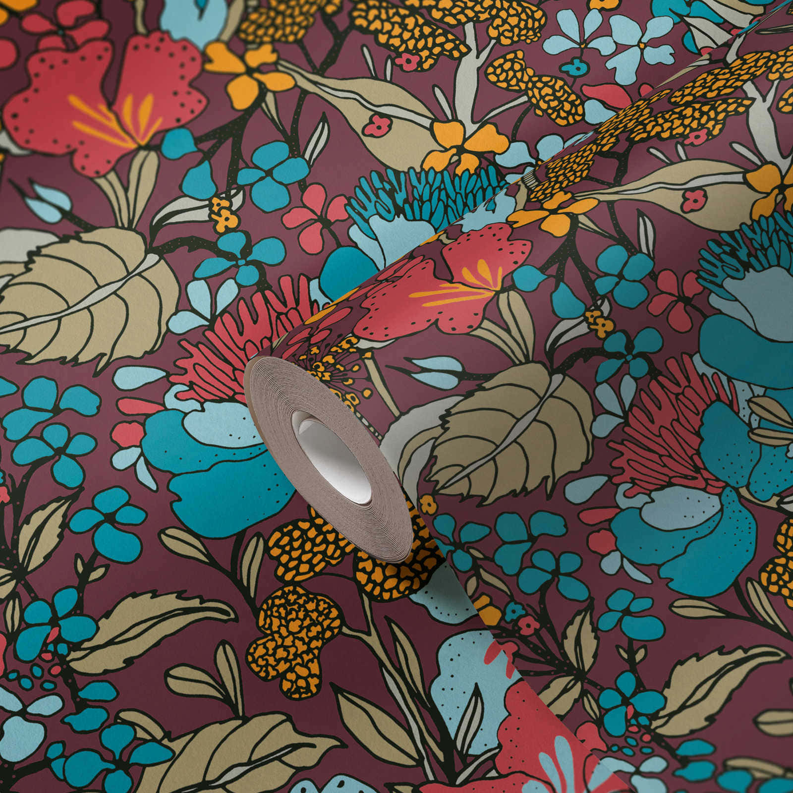 retro floral patternwith tape, vibrant floral wallpaper, red blue and gold flowers, HD Desktop Wallpaper