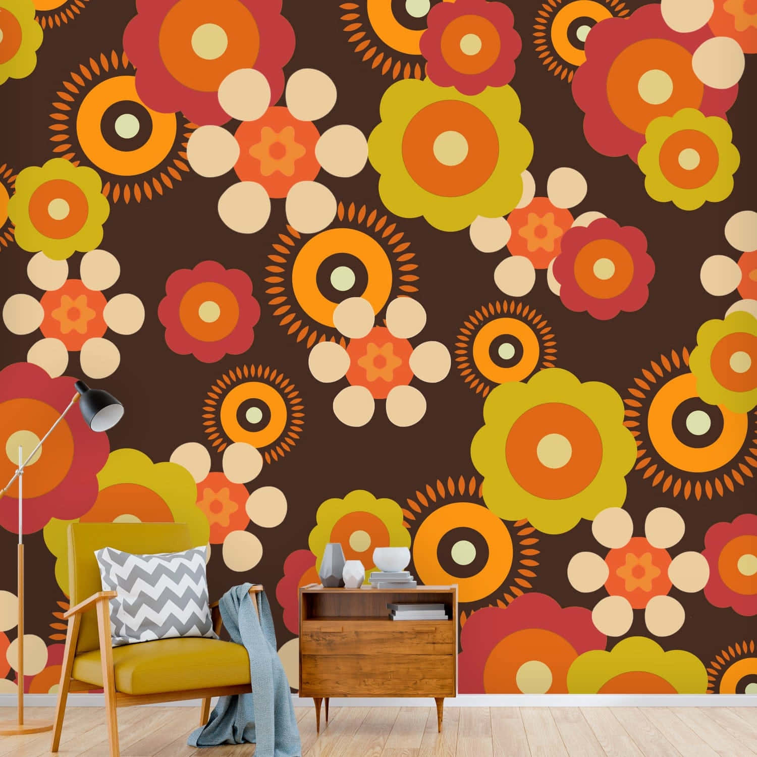 retro floral wallpaper, orange red flowers, yellow flowers, HD Desktop Wallpaper