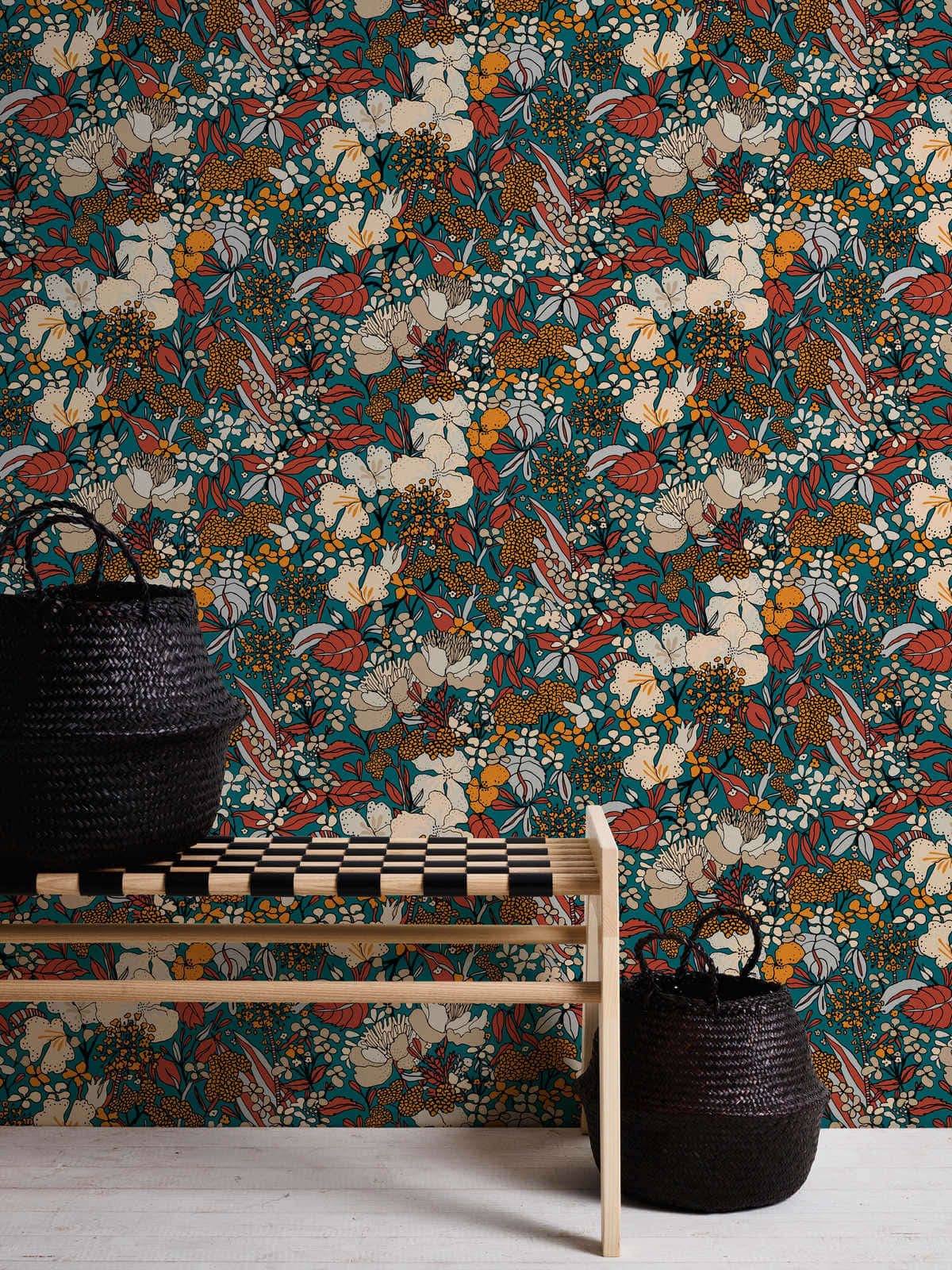teal floral wallpaper, white red and orange blooms, wooden bench, HD Phone Wallpaper