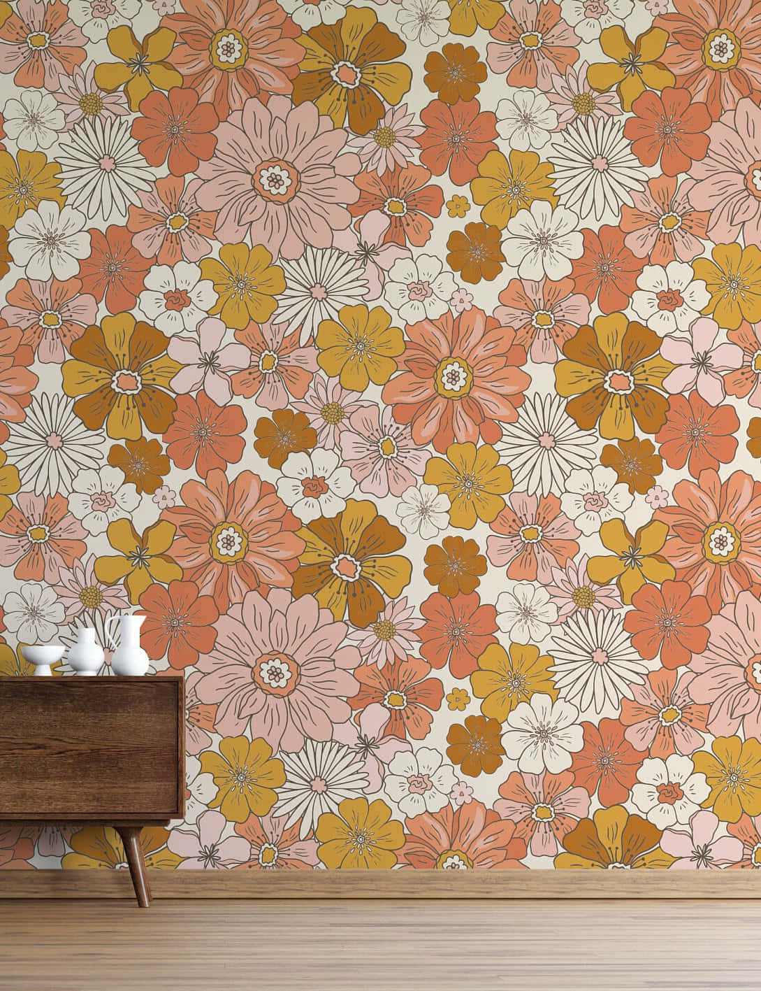 retro floral wallpaper, orange pink and yellow blooms, wooden side table, HD Phone Wallpaper
