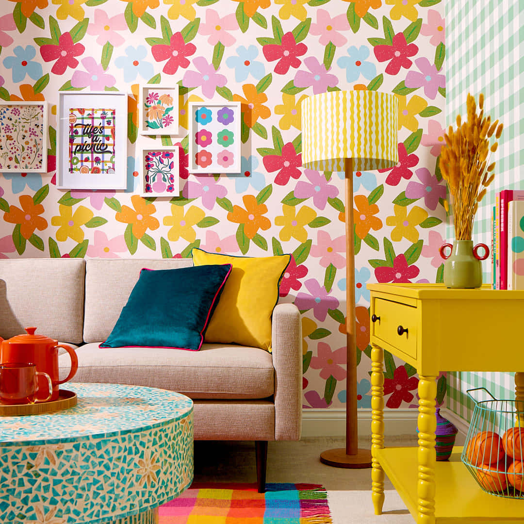 retro floral living room decor, pink yellow and blue flowers, beige sofa, SD Desktop Wallpaper