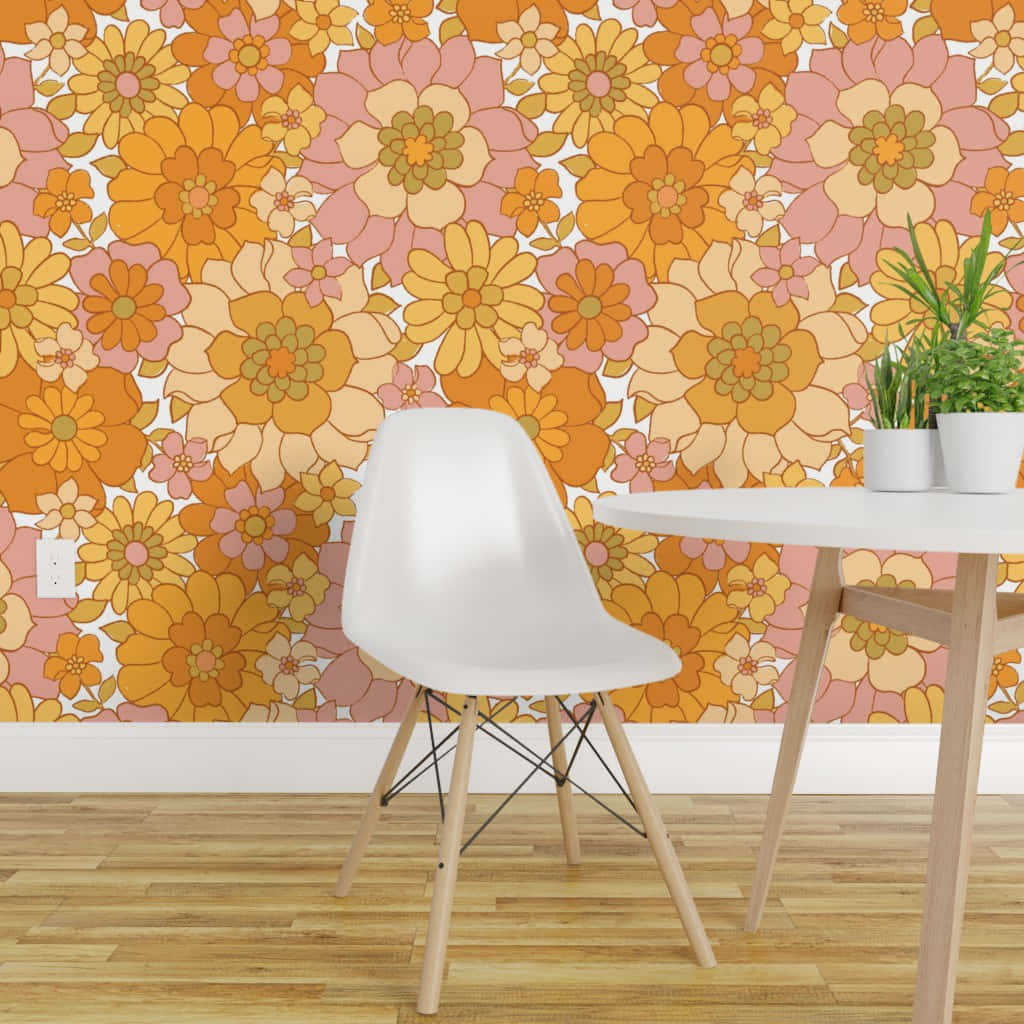 retro floral wallpaper, white modern chair, wooden table, SD Desktop Wallpaper