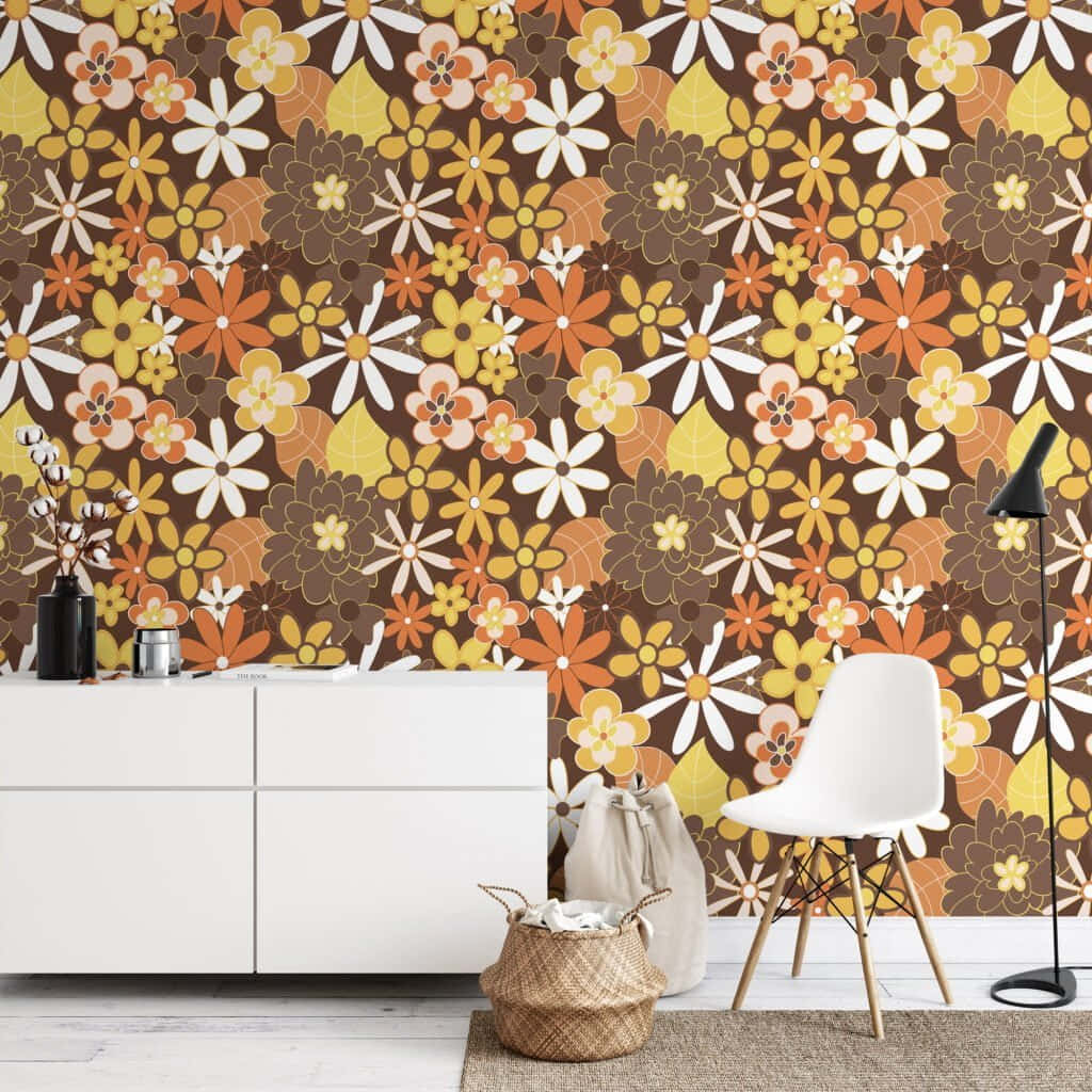 retro floral wallpaper, brown yellow and orange flowers, white cabinet, SD Desktop Wallpaper
