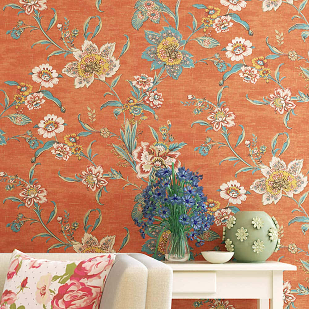 vintage floral wallpaper, orange floral wallpaper, blue green blossoms, SD Desktop Wallpaper