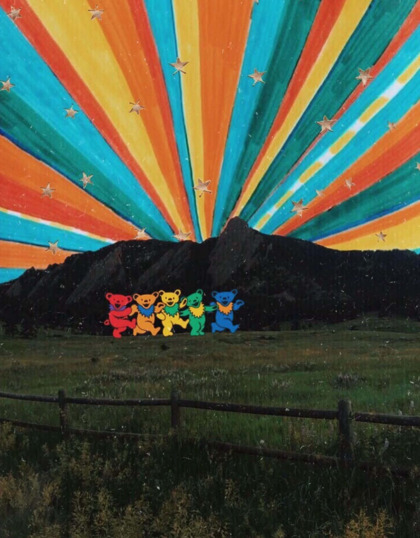 70s Hippie, colorful dancing bears, mountain, HD Phone Wallpaper