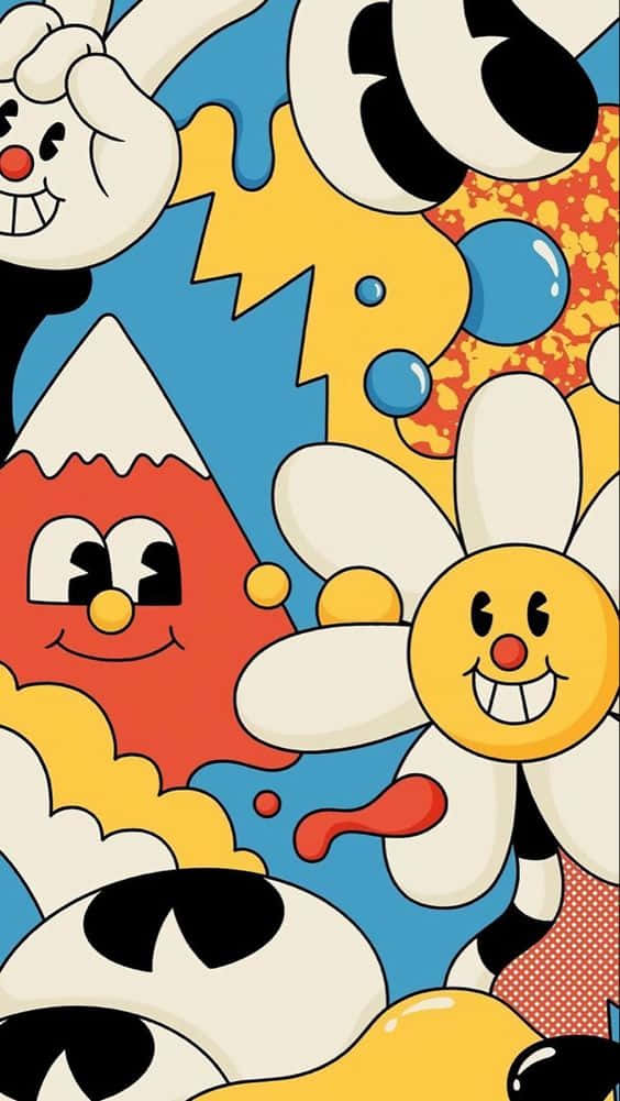 70s Hippie, smiling anthropomorphic characters, red pencil, SD Phone Wallpaper