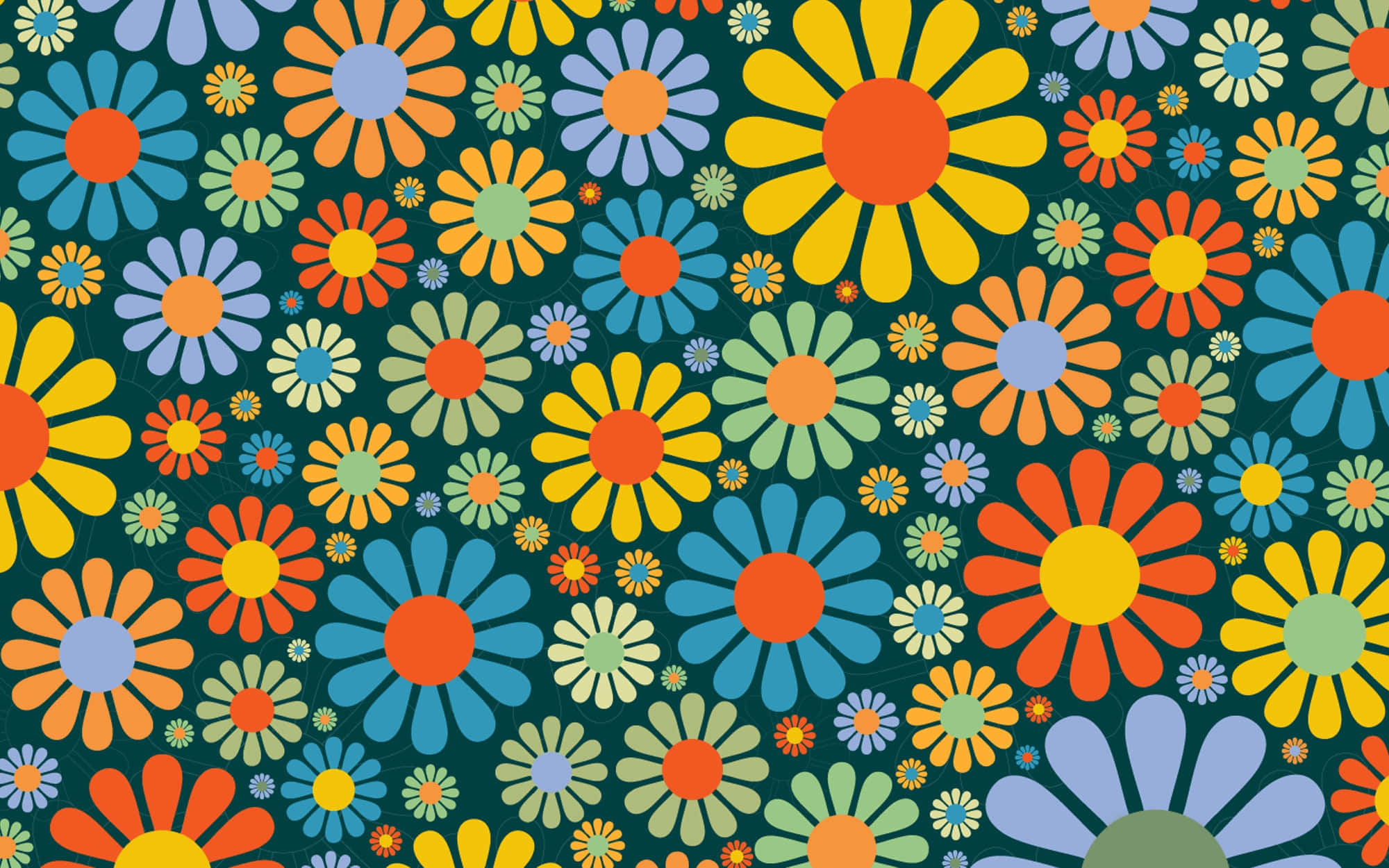 70s Hippie, retro daisies, orange yellow blue and green, Full HD Desktop Wallpaper