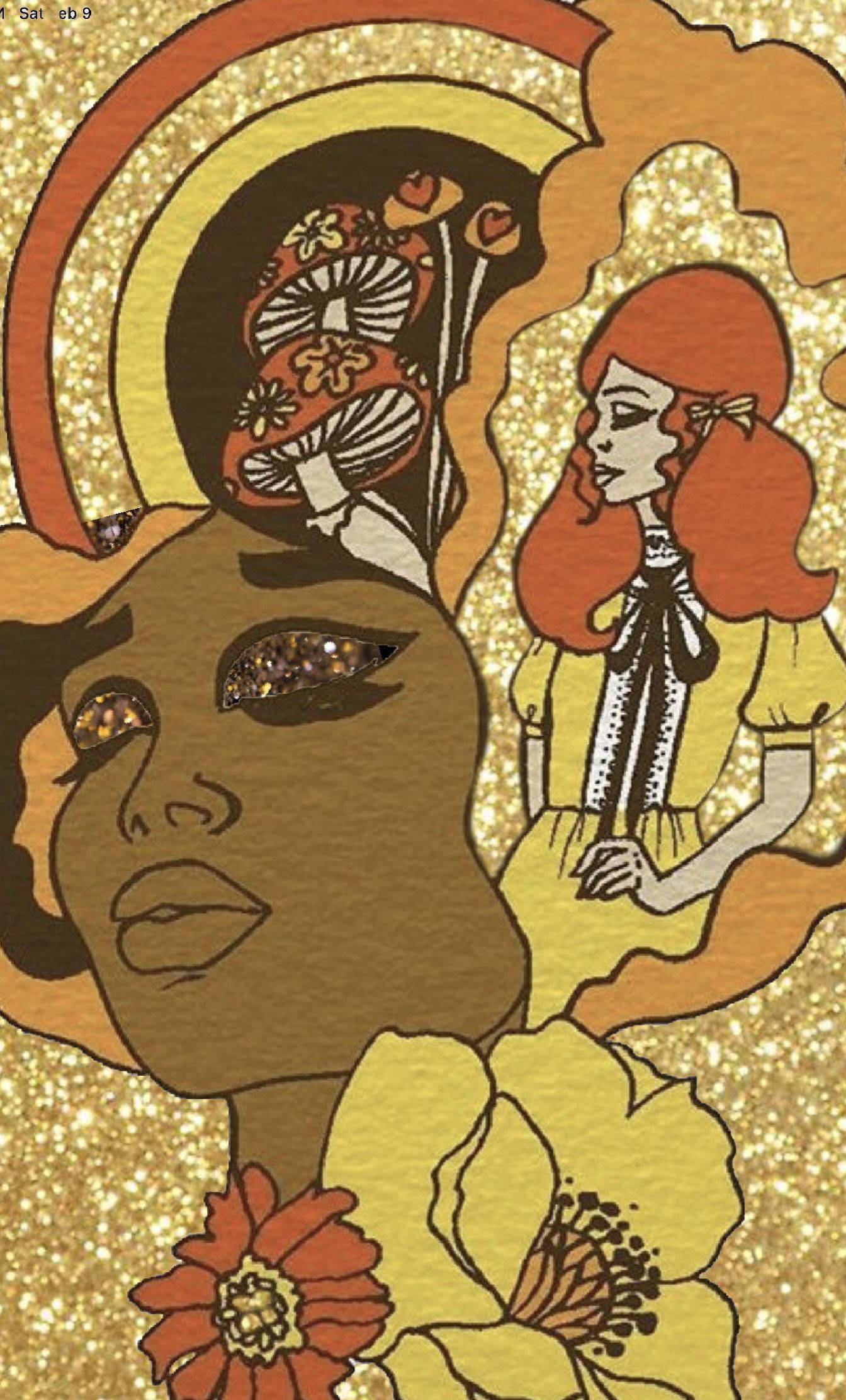 70s Hippie, floral motifs, glittering gold background, Full HD Phone Wallpaper