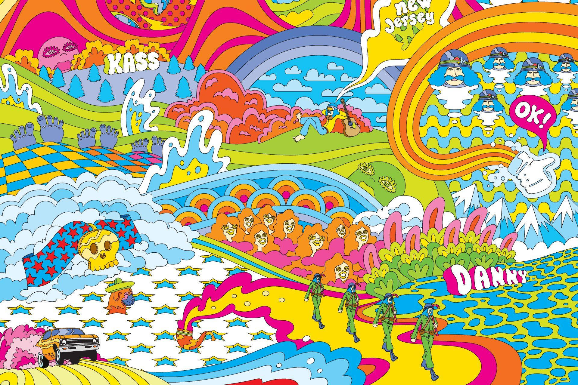 cartoonish illustration, psychedelic landscape, rainbow hills, Full HD Desktop Wallpaper