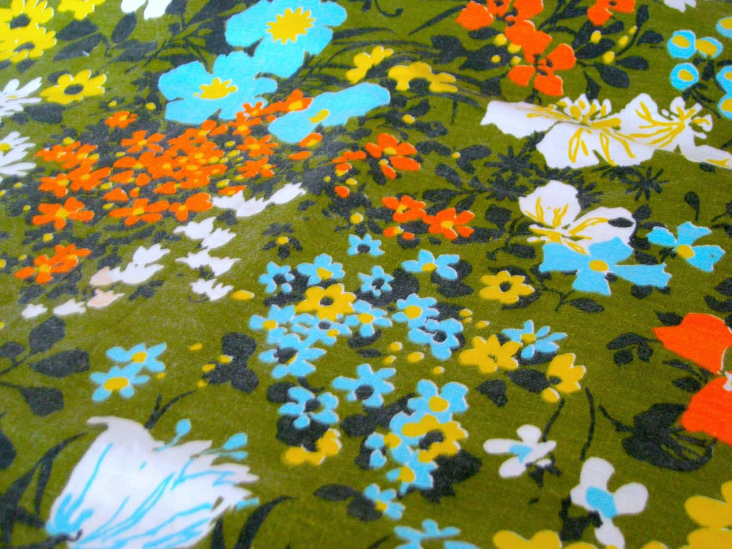 70s hippie, green and blue floral pattern, blue orange yellow and white blooms, HD Desktop Wallpaper