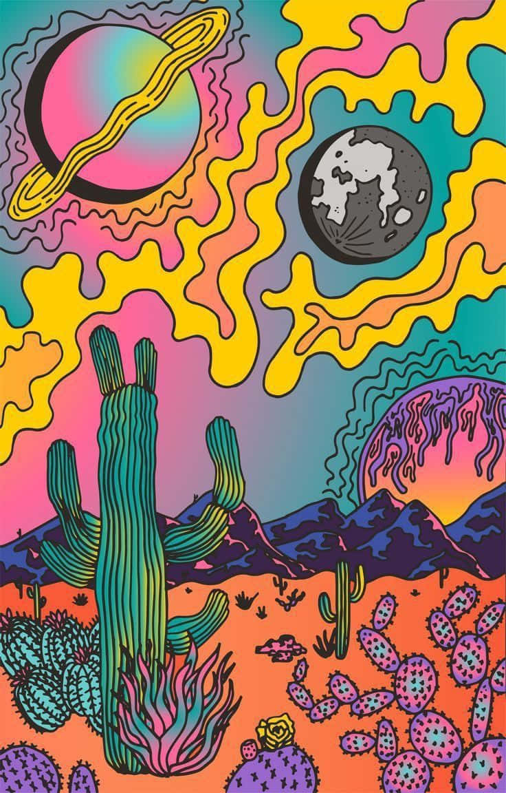 70s Hippie, psychedelic desert scene, neon cacti mountains, SD Phone Wallpaper
