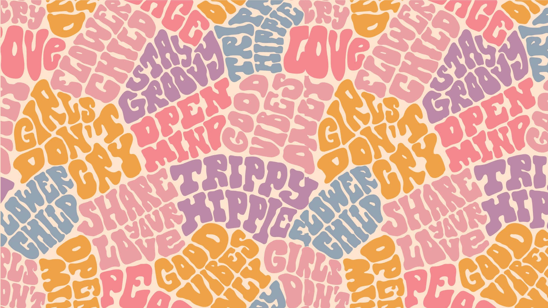 retro hippie pattern background, psychedelic pattern, repeating words like love and groovy, Full HD Desktop Wallpaper