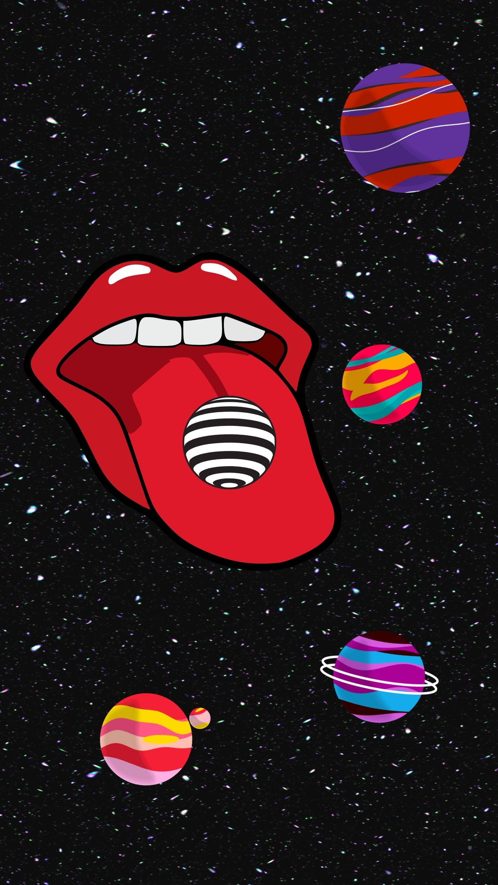 70s Retro Aesthetic, red lips logo, striped tongue, 2K Phone Wallpaper