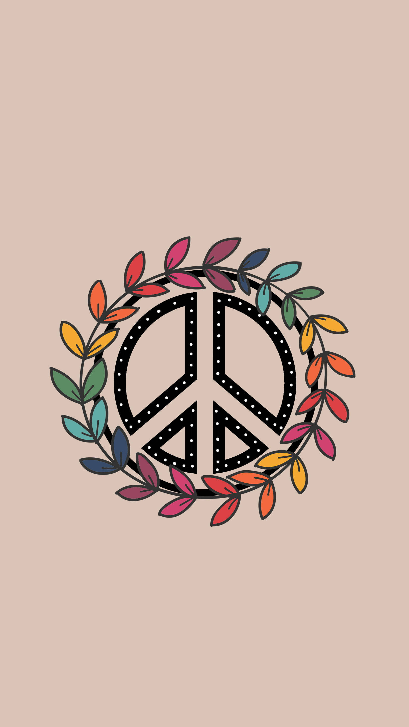 peace symbol, multicolored leaf wreath, beige background, 2K Phone Wallpaper