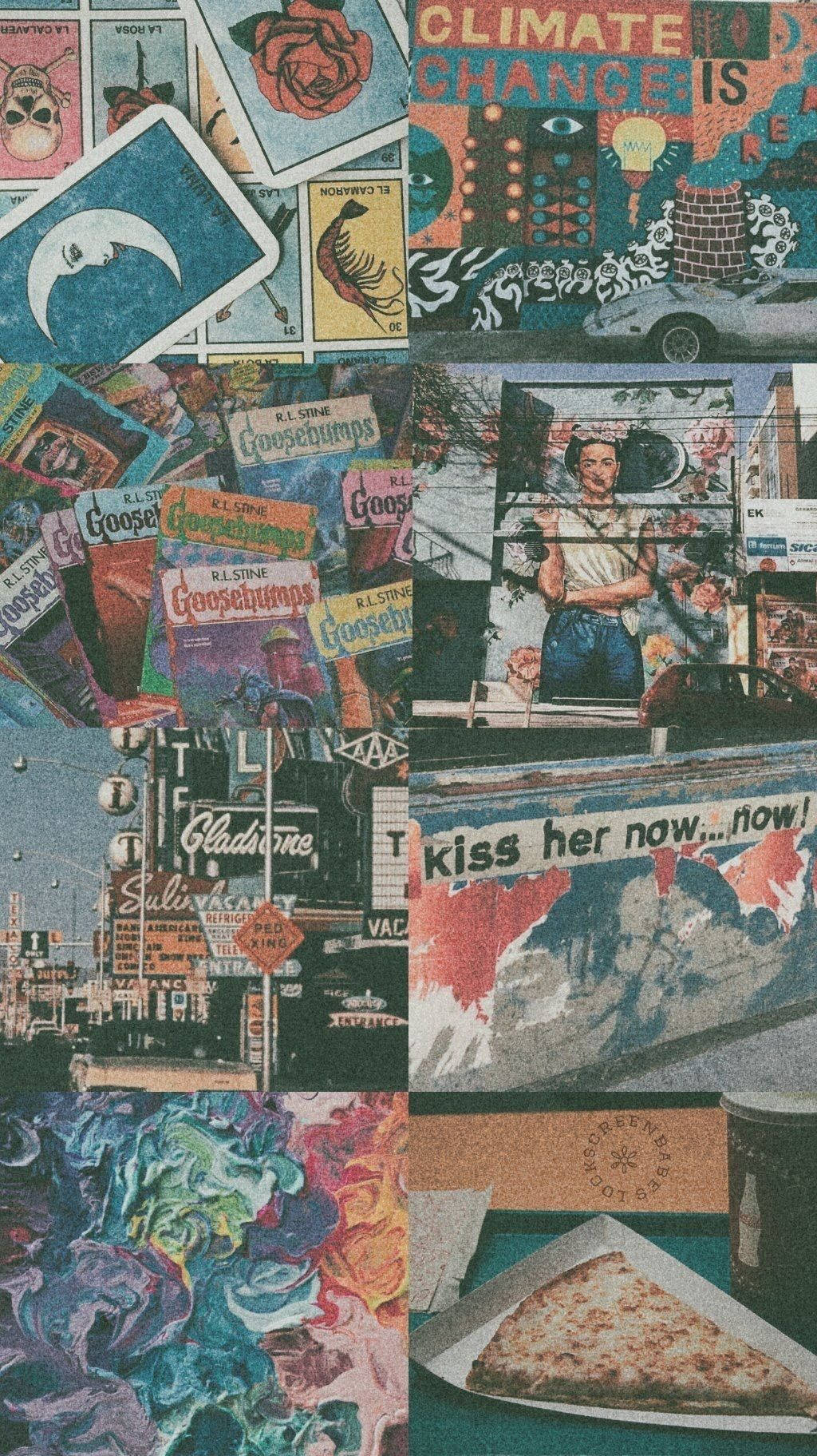 70s retro aesthetic, blue color scheme, vintage posters, HD Phone Wallpaper