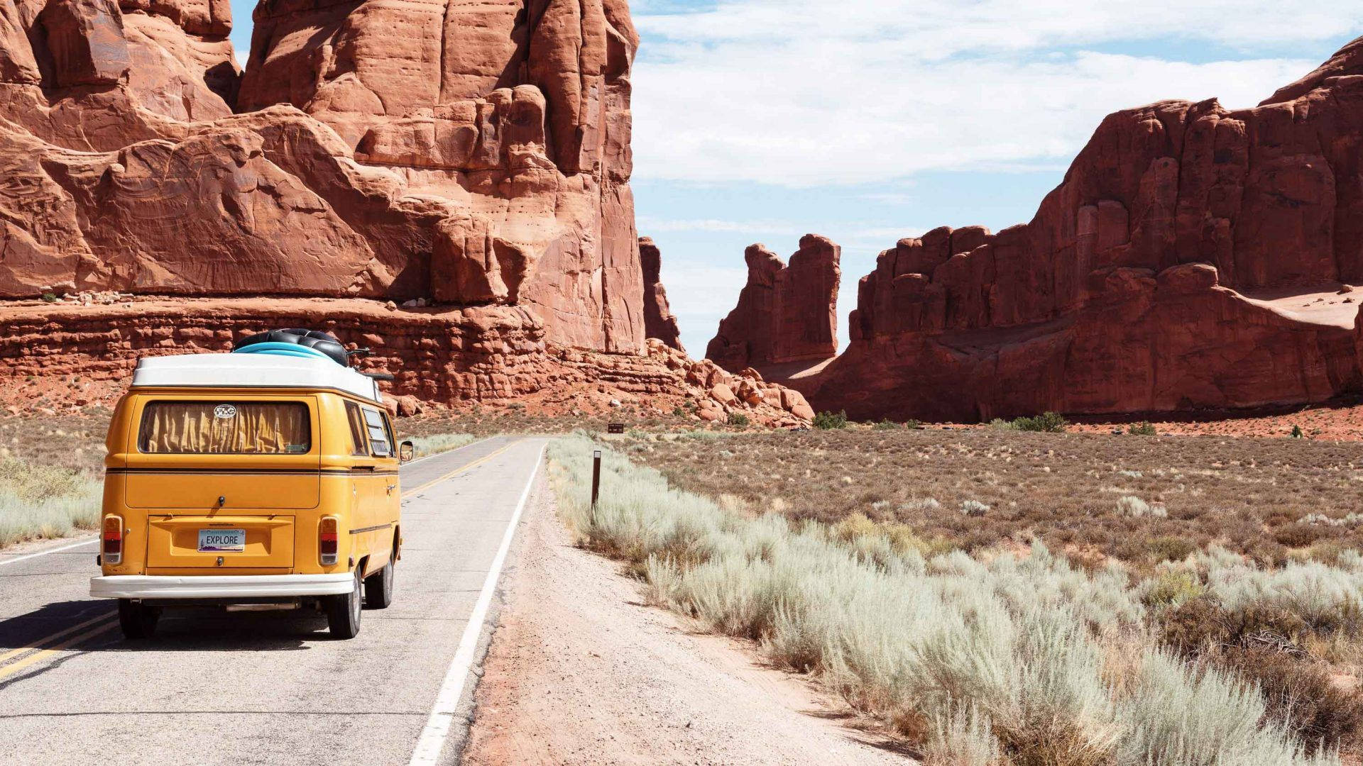 yellow camper van, 70s retro aesthetic, desert road, Full HD Desktop Wallpaper
