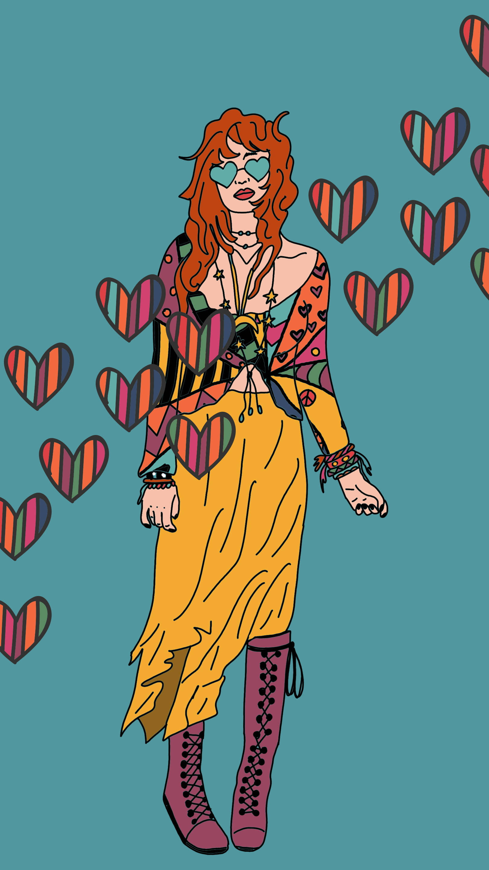70s, cartoon hippie girl, red-haired woman, 2K Phone Wallpaper
