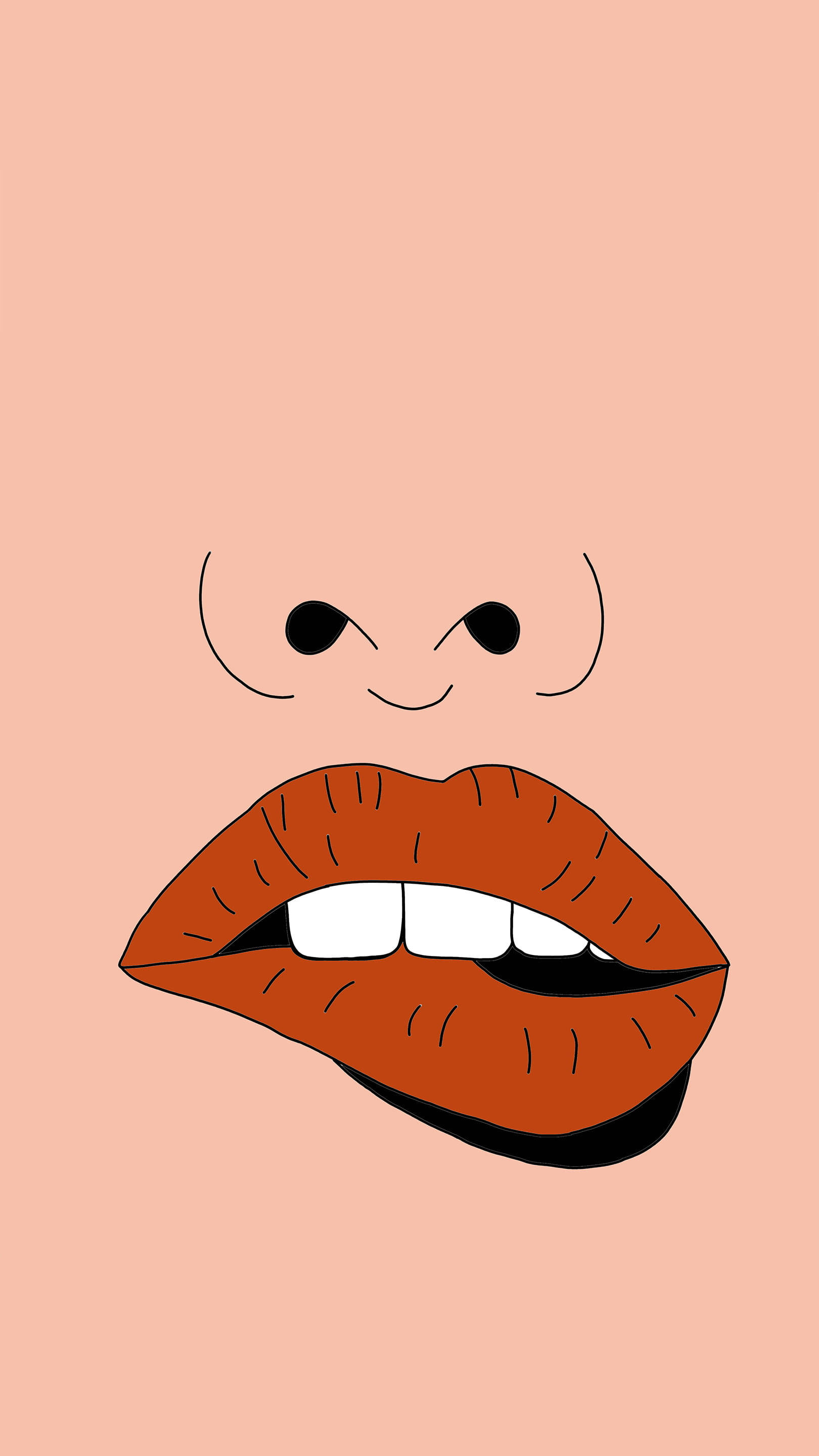 70s, cartoon lip art, soft peach background, 2K Phone Wallpaper