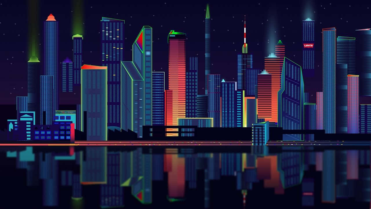 cityscape, colorful buildings, neon-lit, HD Desktop Wallpaper