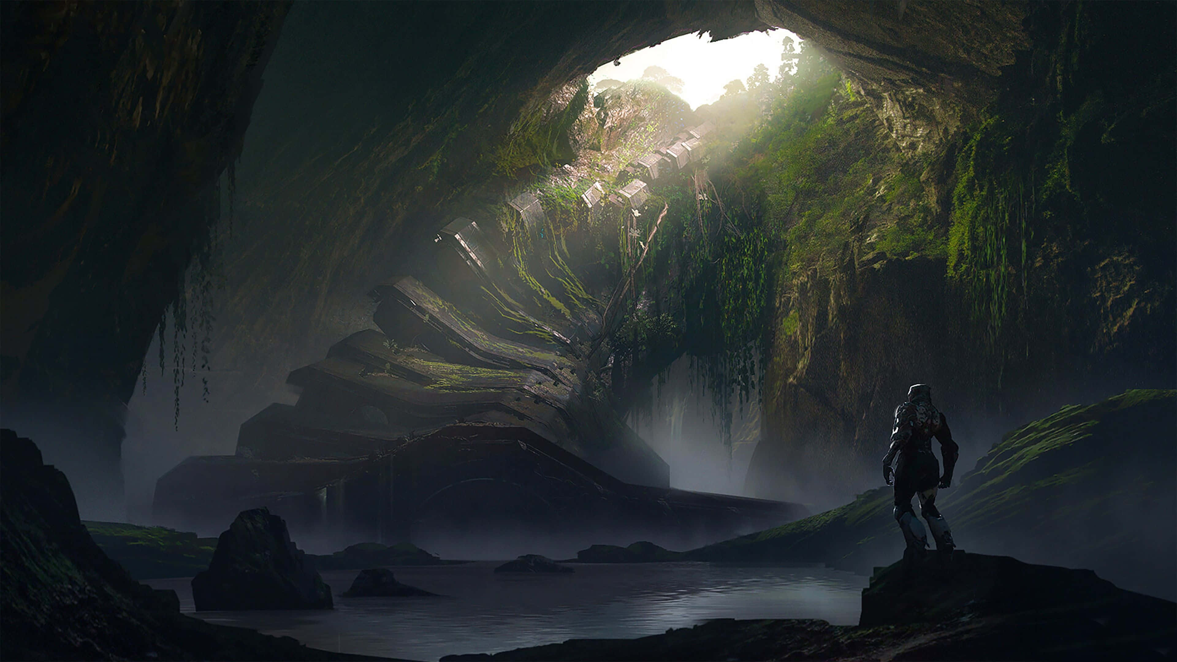 720p, mossy rock, misty cave, 4K Desktop Wallpaper