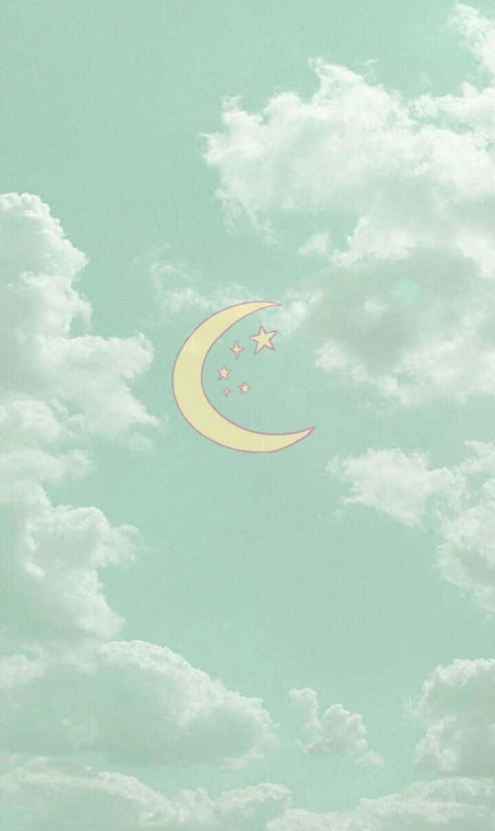 pastel mint sky, fluffy white clouds, stylized yellow crescent moon, SD Phone Wallpaper