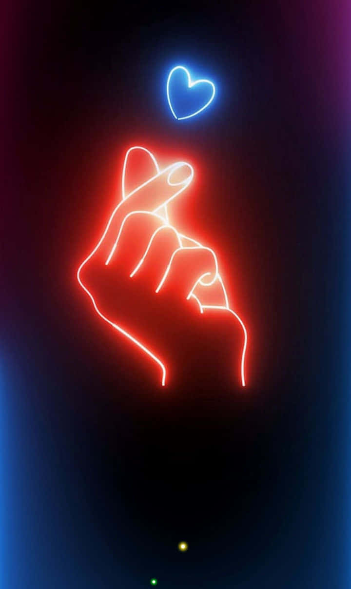 glowing red neon hand, floating blue neon heart, dark gradient background, SD Phone Wallpaper