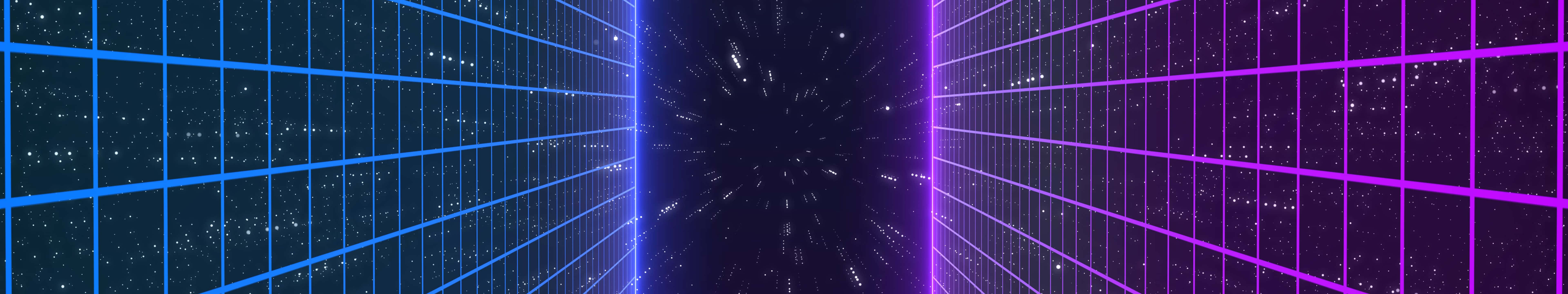 7680 x 1440, retro-futuristic tunnel, blue and purple grid walls, 8K Desktop Wallpaper