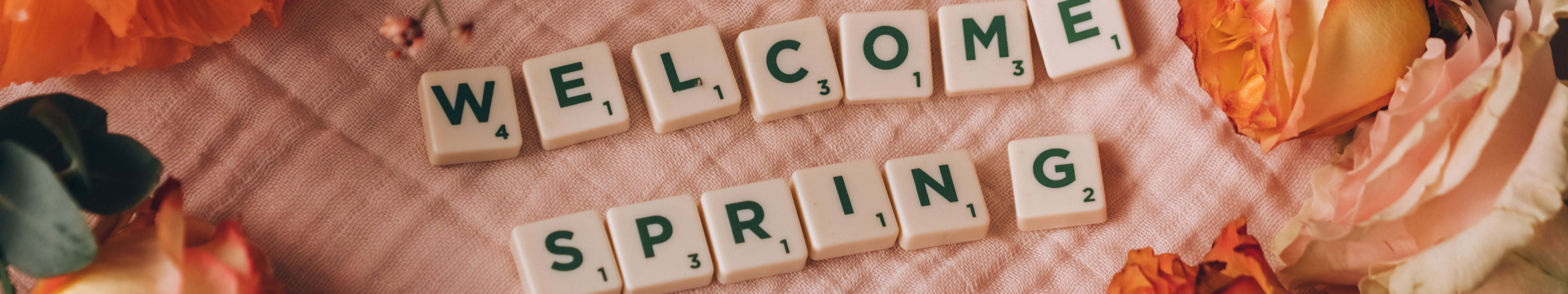 7680 x 1440, Scrabble tiles, welcome spring, 8K Desktop Wallpaper