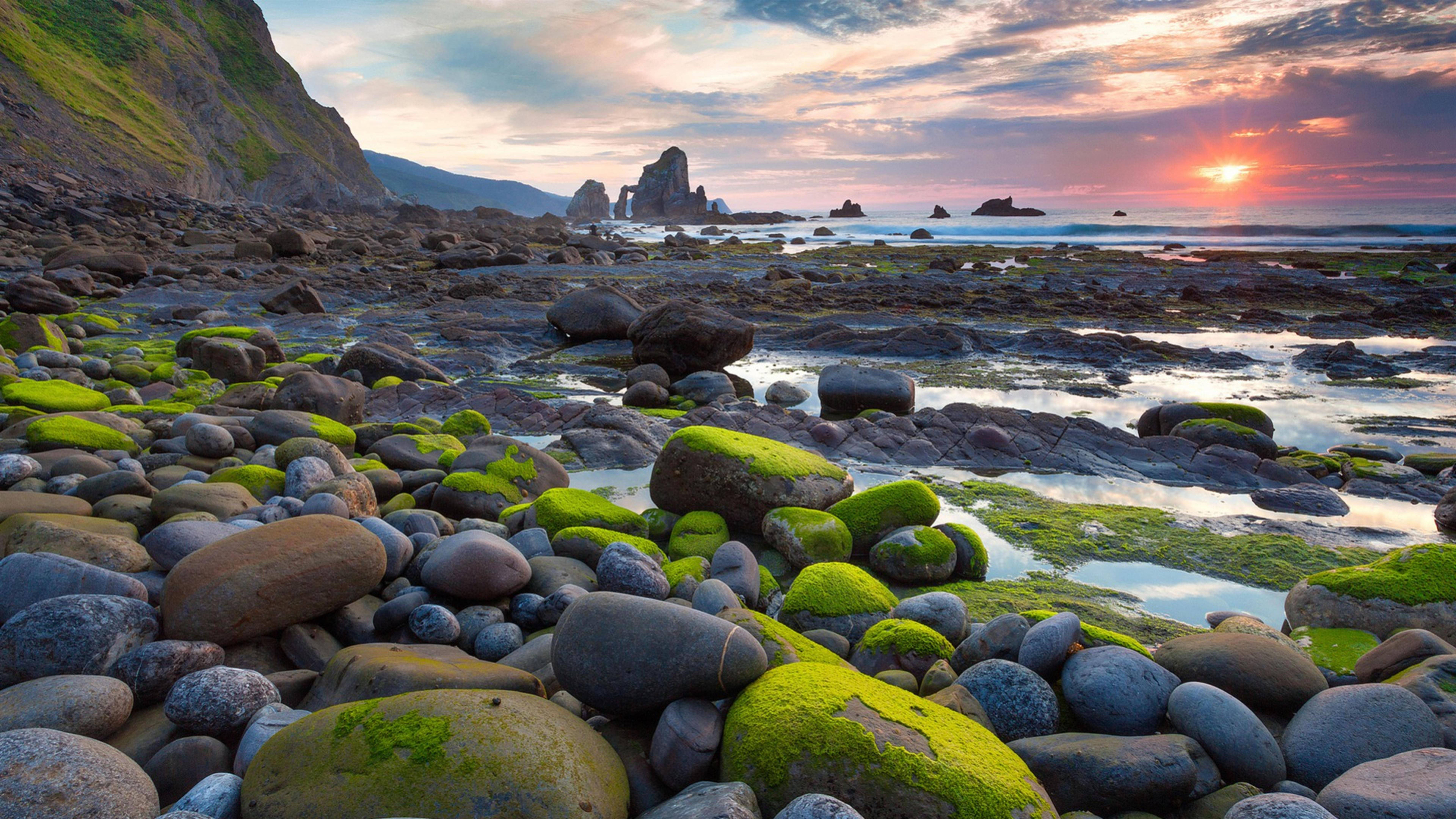 7680x4320, Sunset, rocky shoreline, 8K Desktop Wallpaper