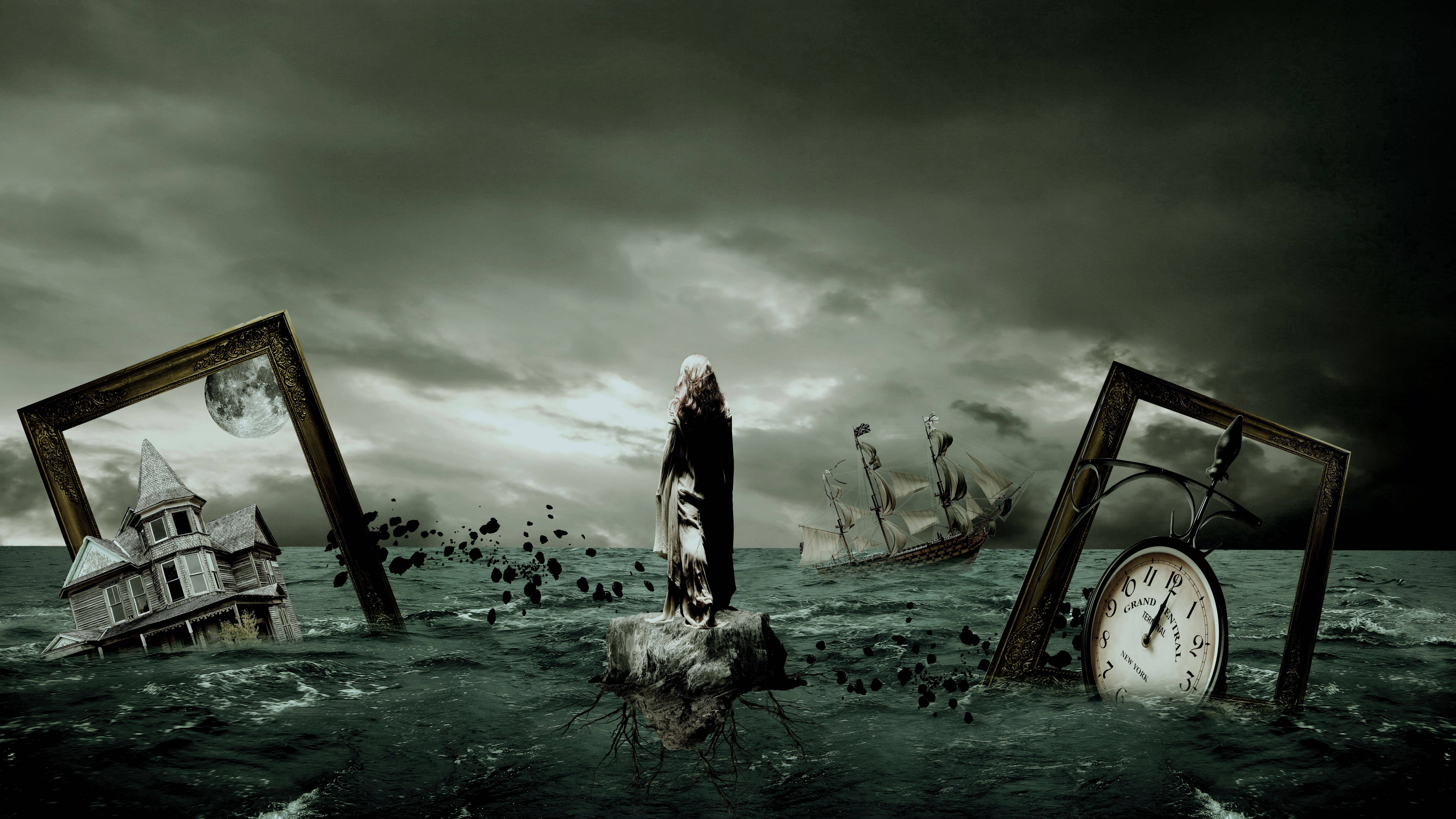 7680x4320, stormy seas, surreal floating frames, 8K Desktop Wallpaper