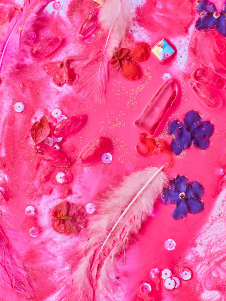 vibrant pink liquid surface, feathers, dried flowers, SD Phone Wallpaper