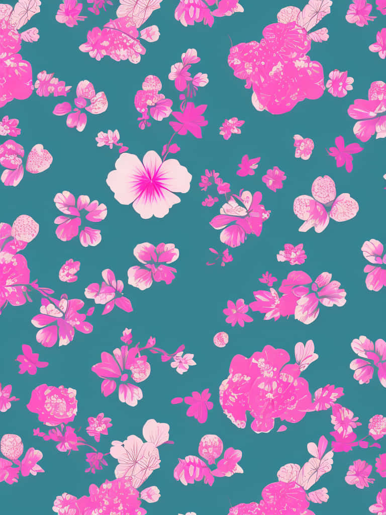 pink flowers, teal background, repeating floral pattern, SD Phone Wallpaper