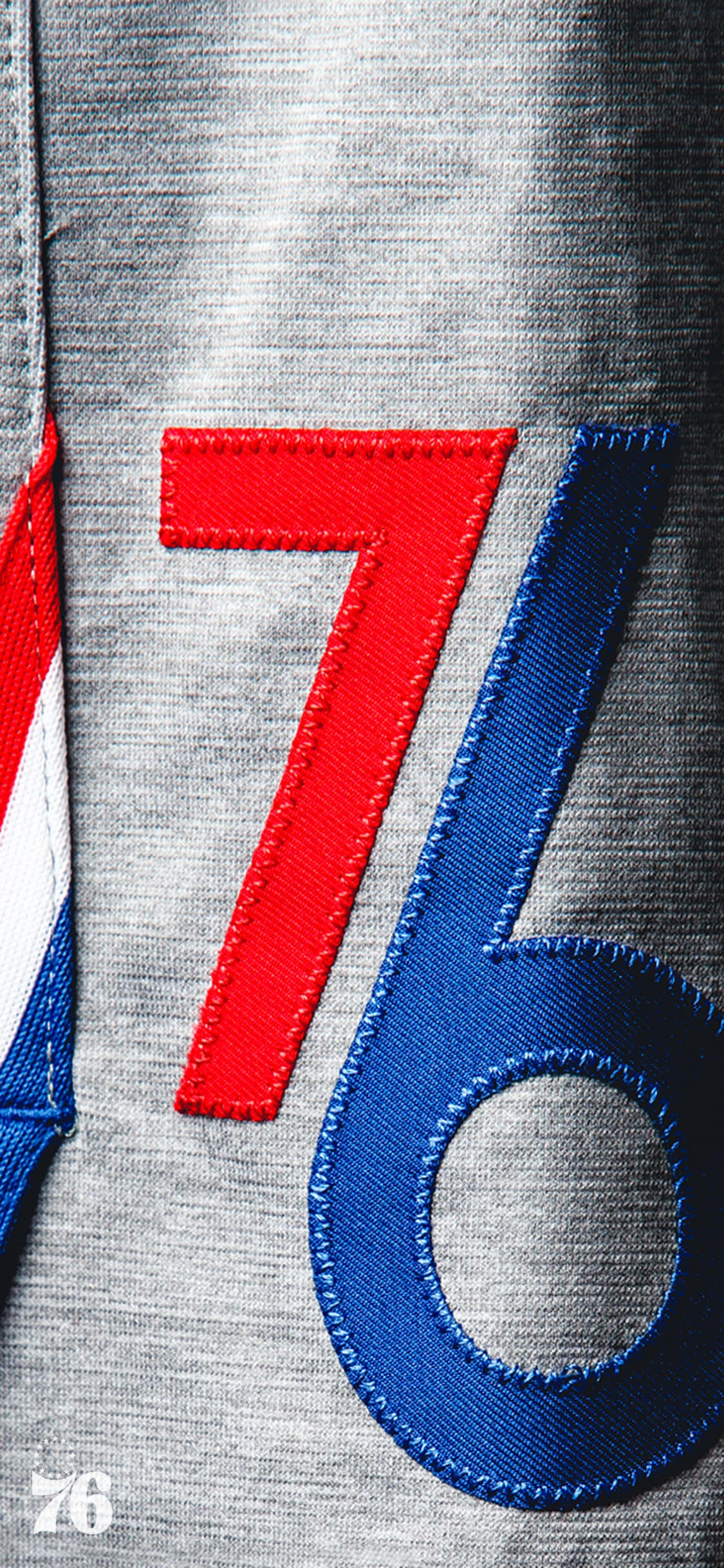 76ers, red and blue embroidered 76 logo, textured gray athletic jersey fabric, Full HD Phone Wallpaper