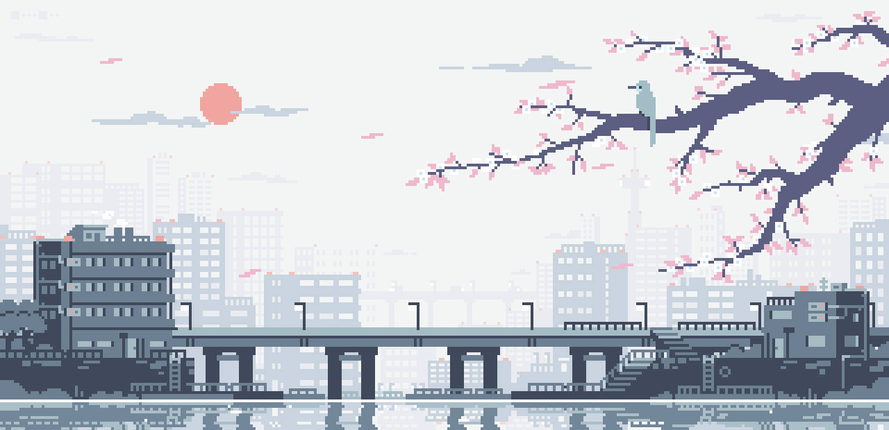 8 Bit Japan, cherry tree, dawn, HD Desktop Wallpaper