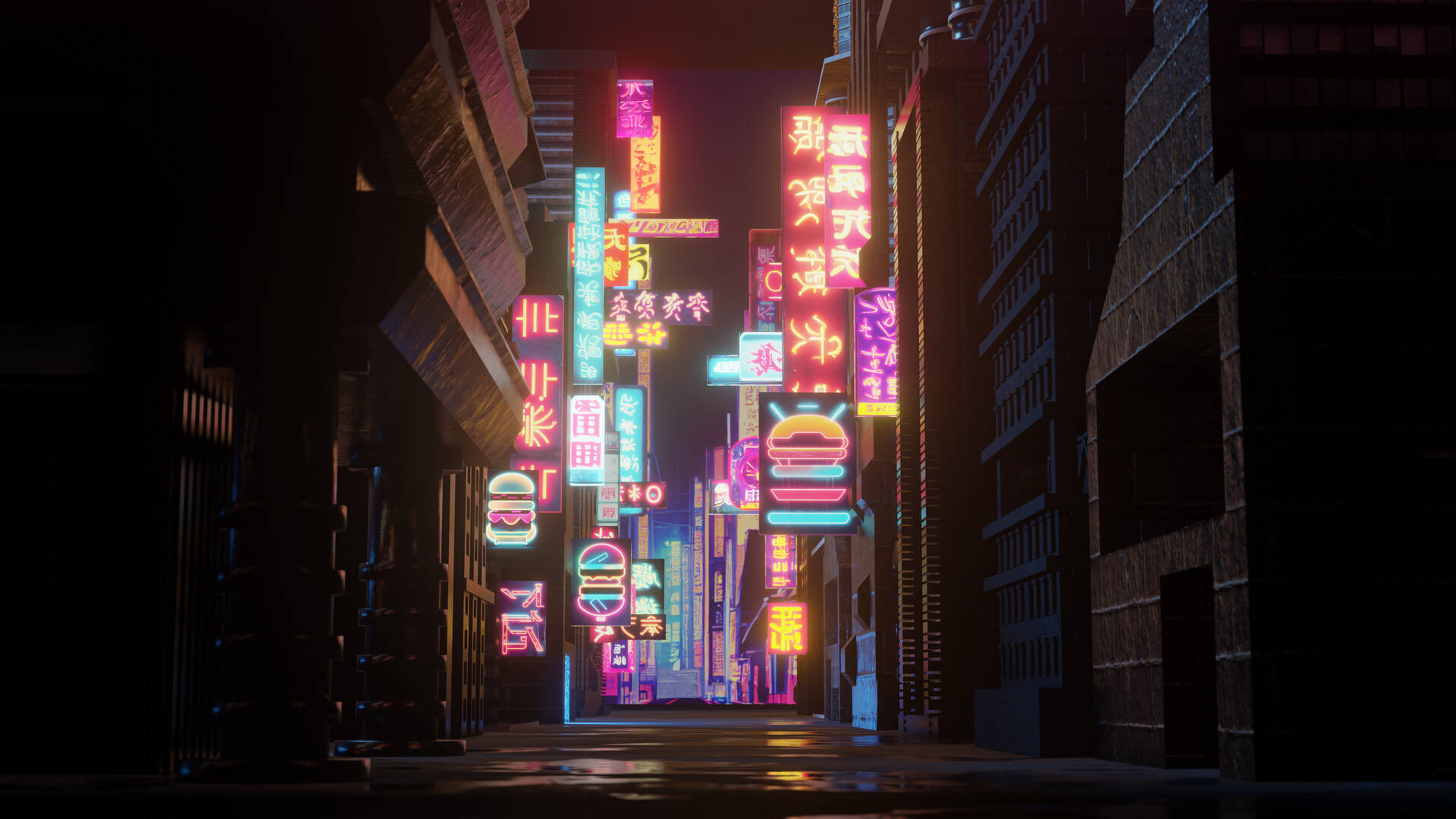8 Bit Japan, neon signs, wet pavement, Full HD Desktop Wallpaper